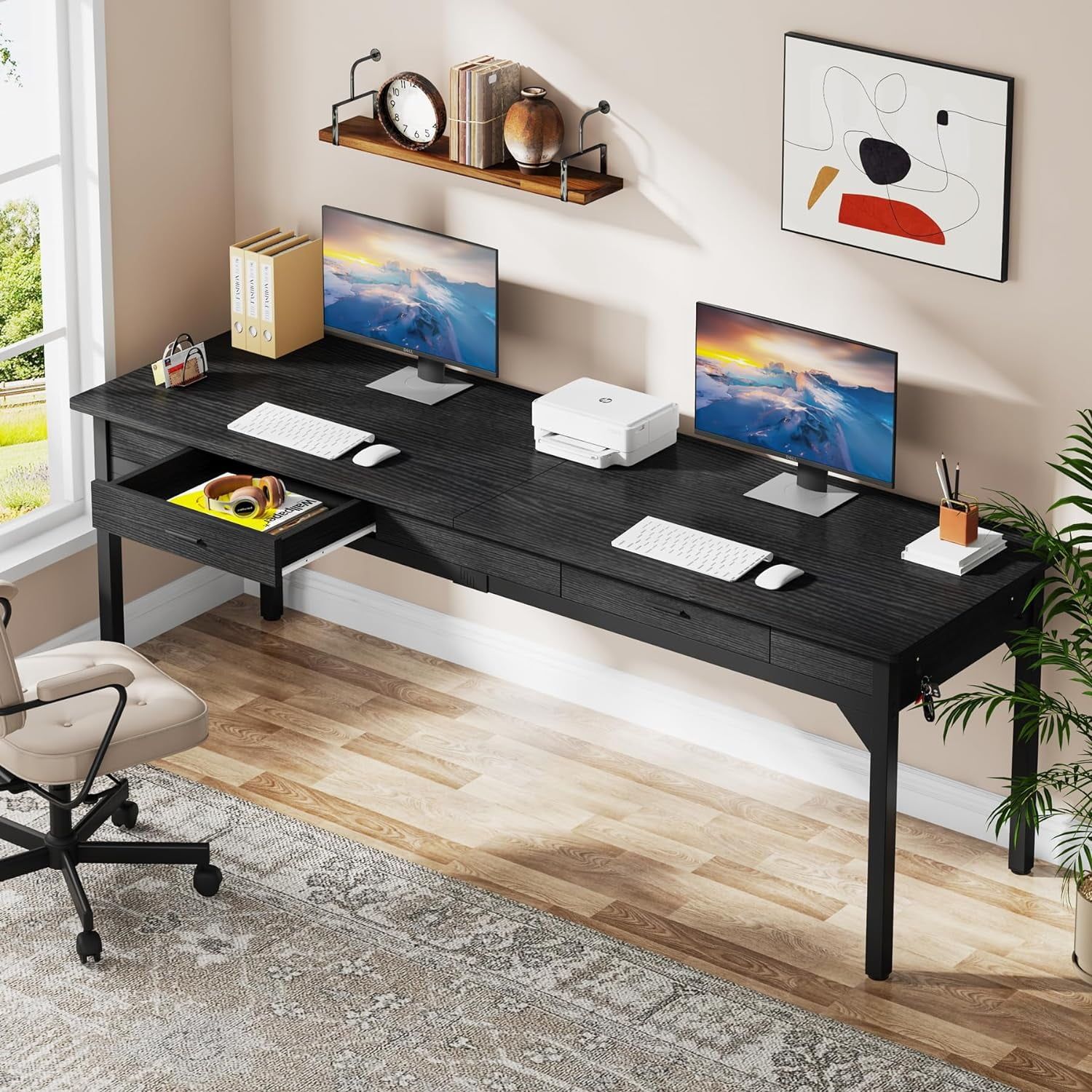 Black Engineered Wood Double Desk with Drawers