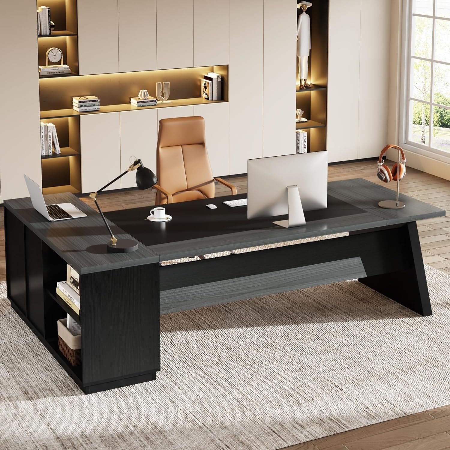 Gray and Black Wood L-Shaped Executive Desk with Drawers and Filing Cabinet