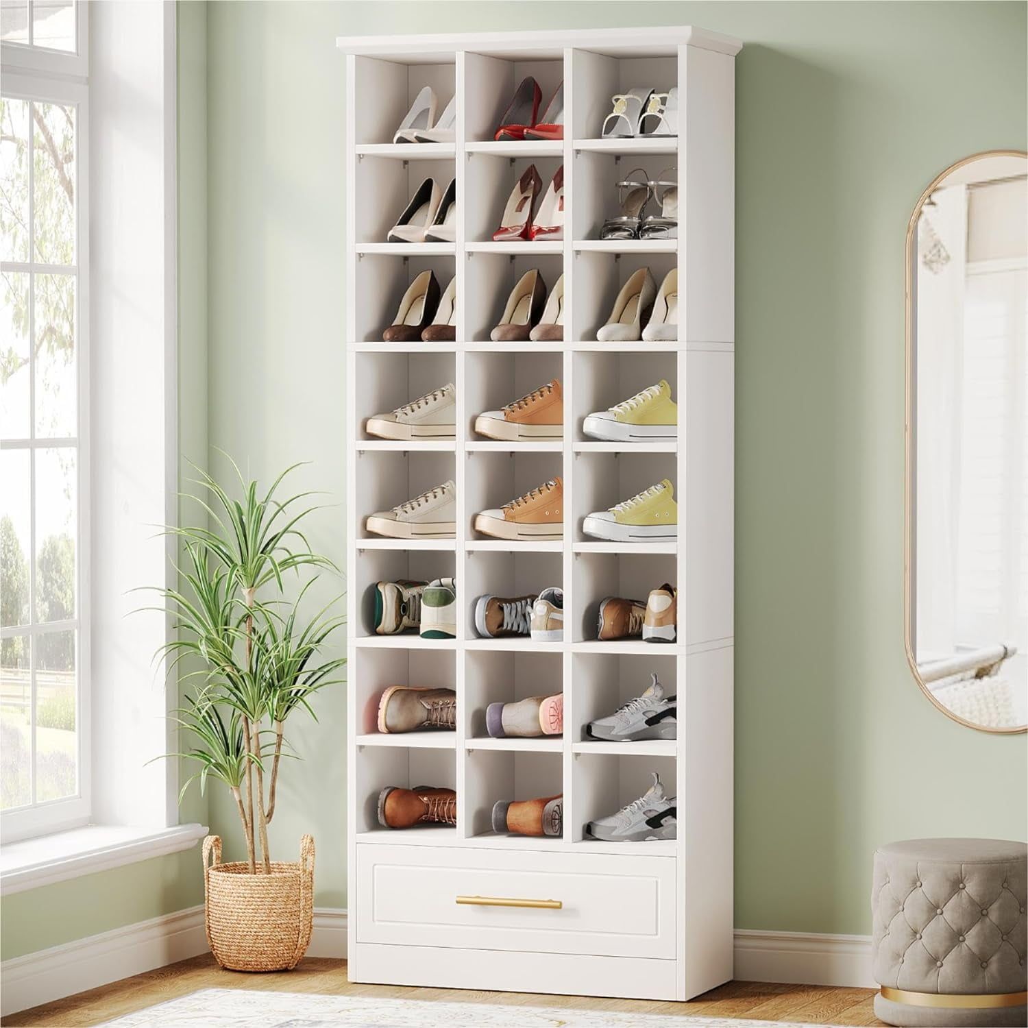 Tribesigns 71-Inch White Wooden 9-Tier Shoe Storage Cabinet with Drawer