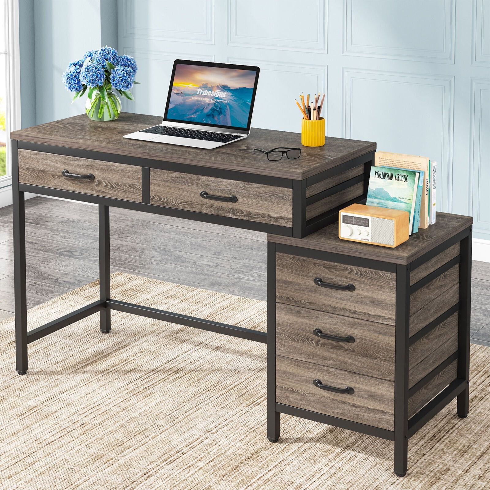 Gray Industrial Computer Desk with Drawers and Filing Cabinet