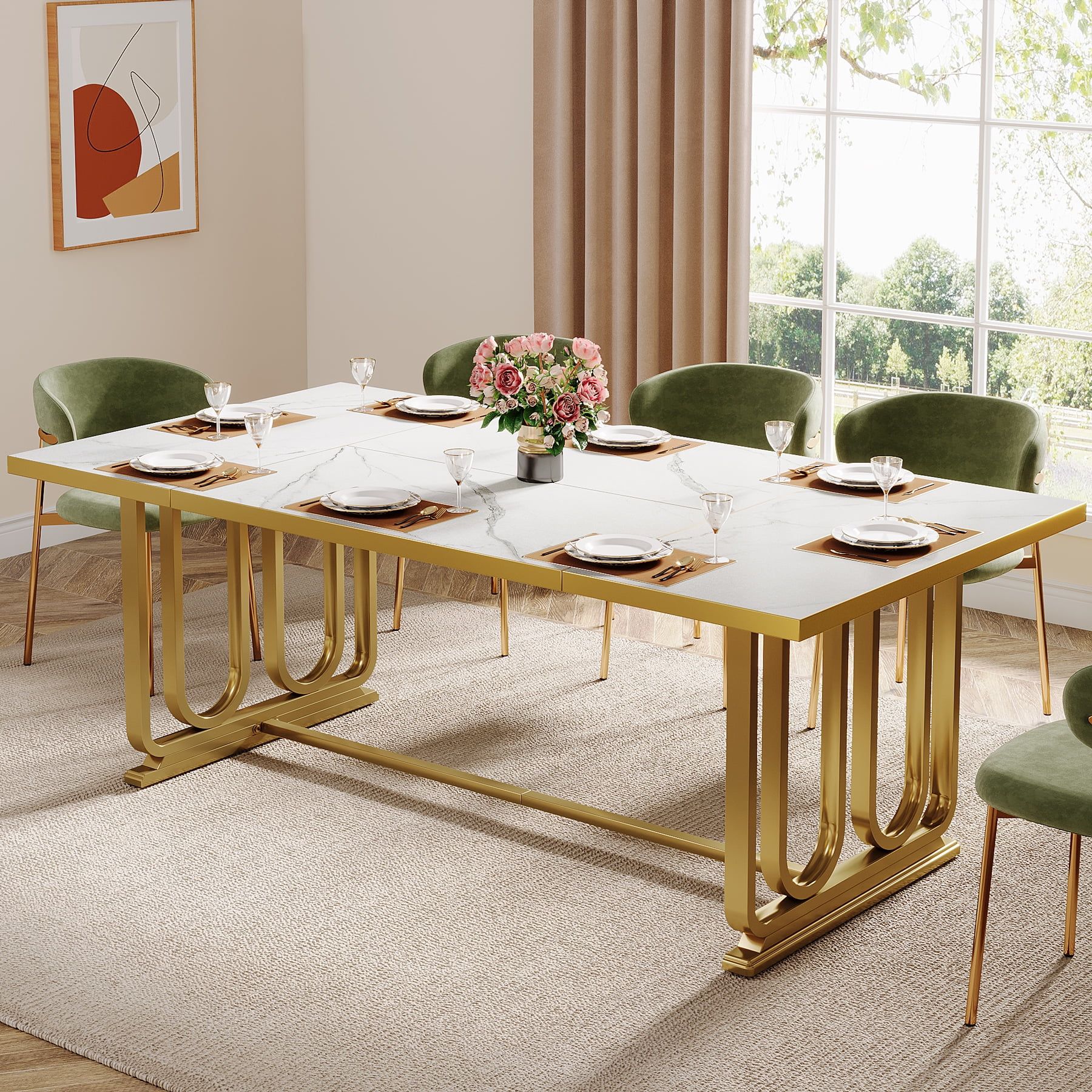 Modern White Faux Marble Dining Table with Gold Metal Legs