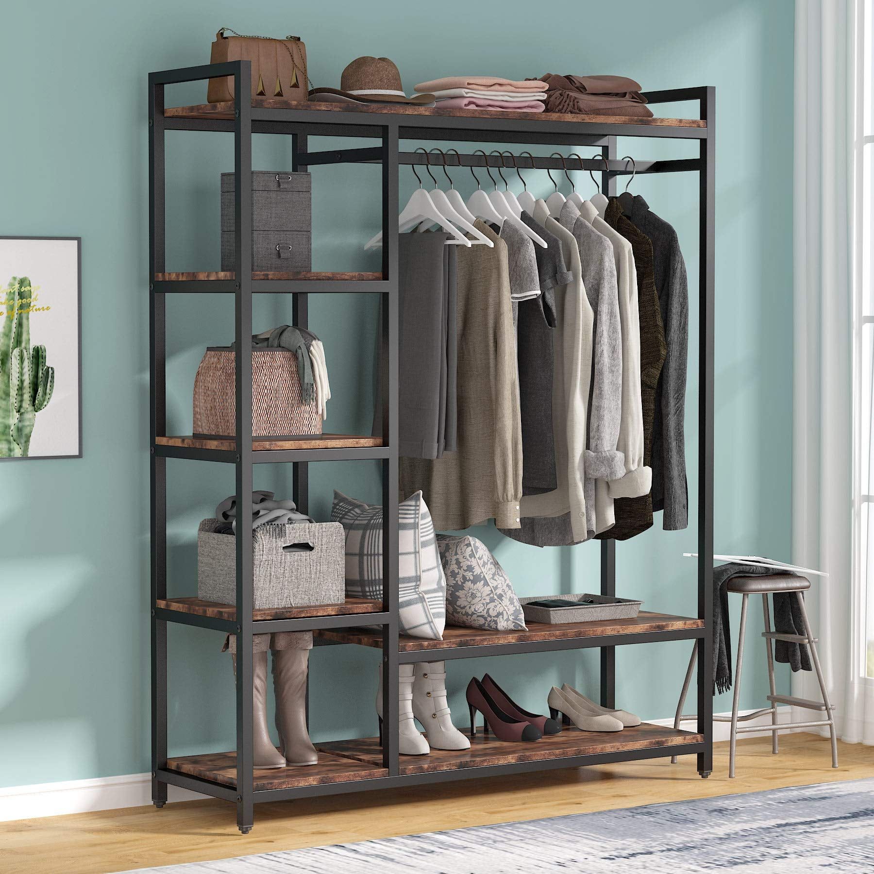 Brown Wood and Metal Free-standing Closet Organizer with Shelves and Hanging Bar