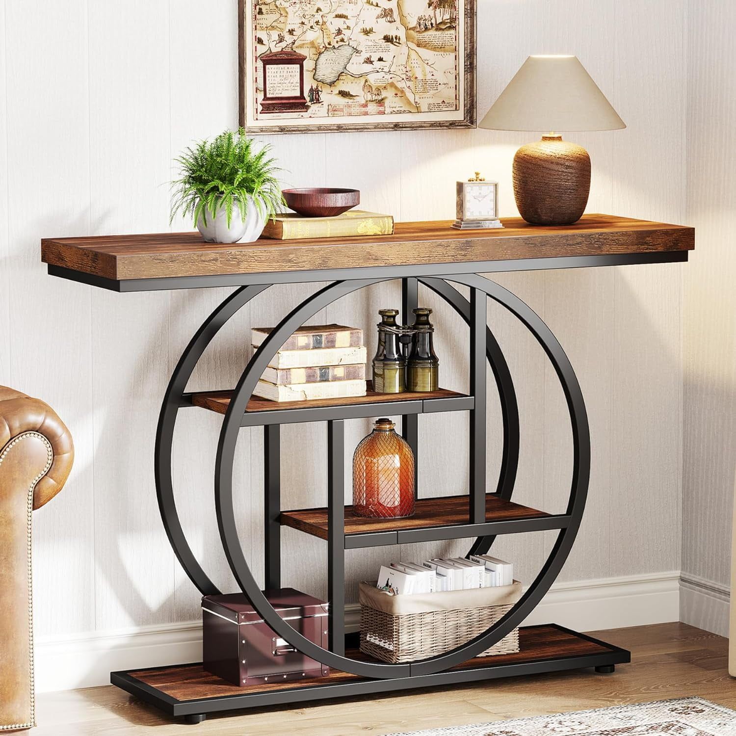 Industrial Brown Wood and Metal 4-Tier Console Table with Circle Base