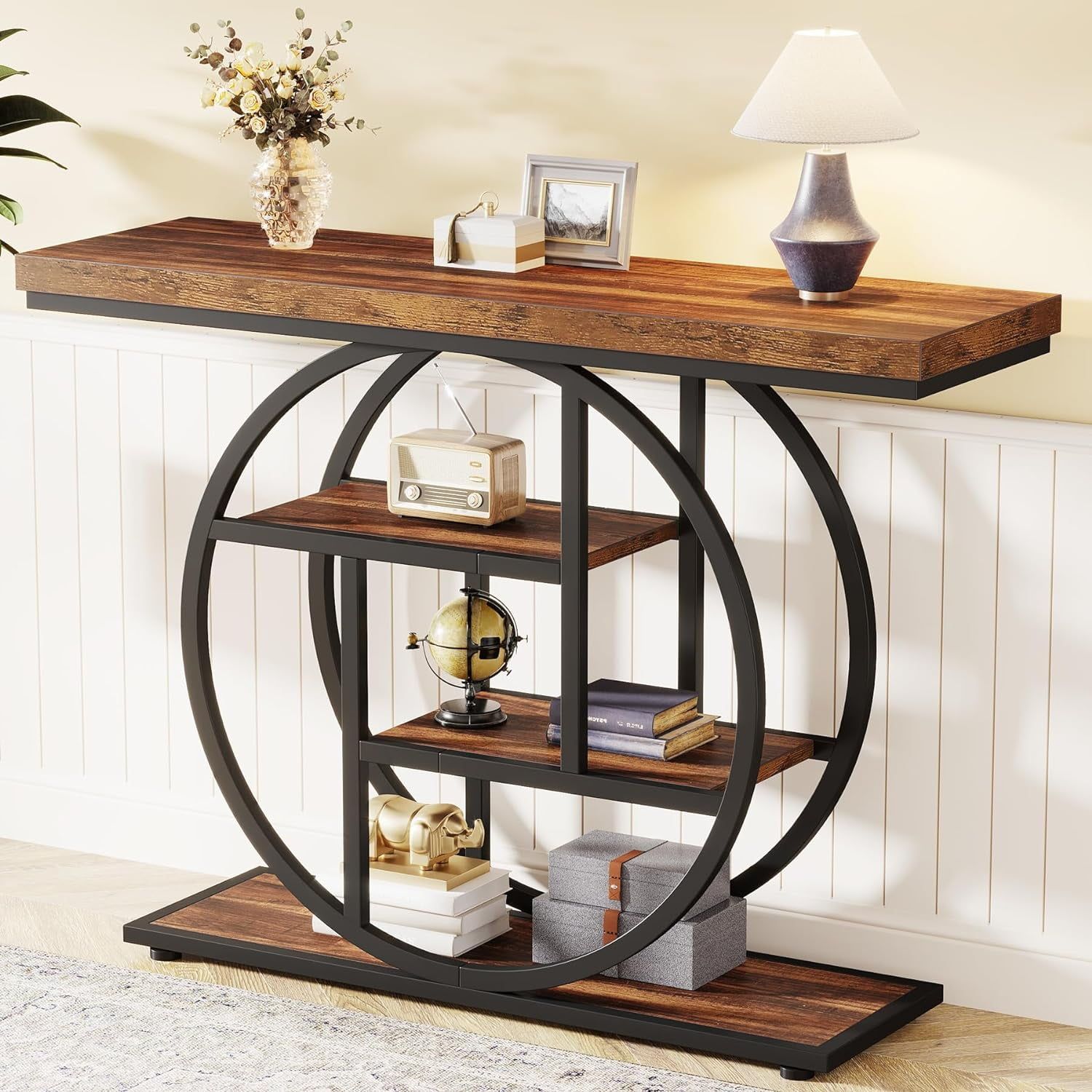 Rustic Brown 41.3" Industrial Wood and Metal Console Table with Storage