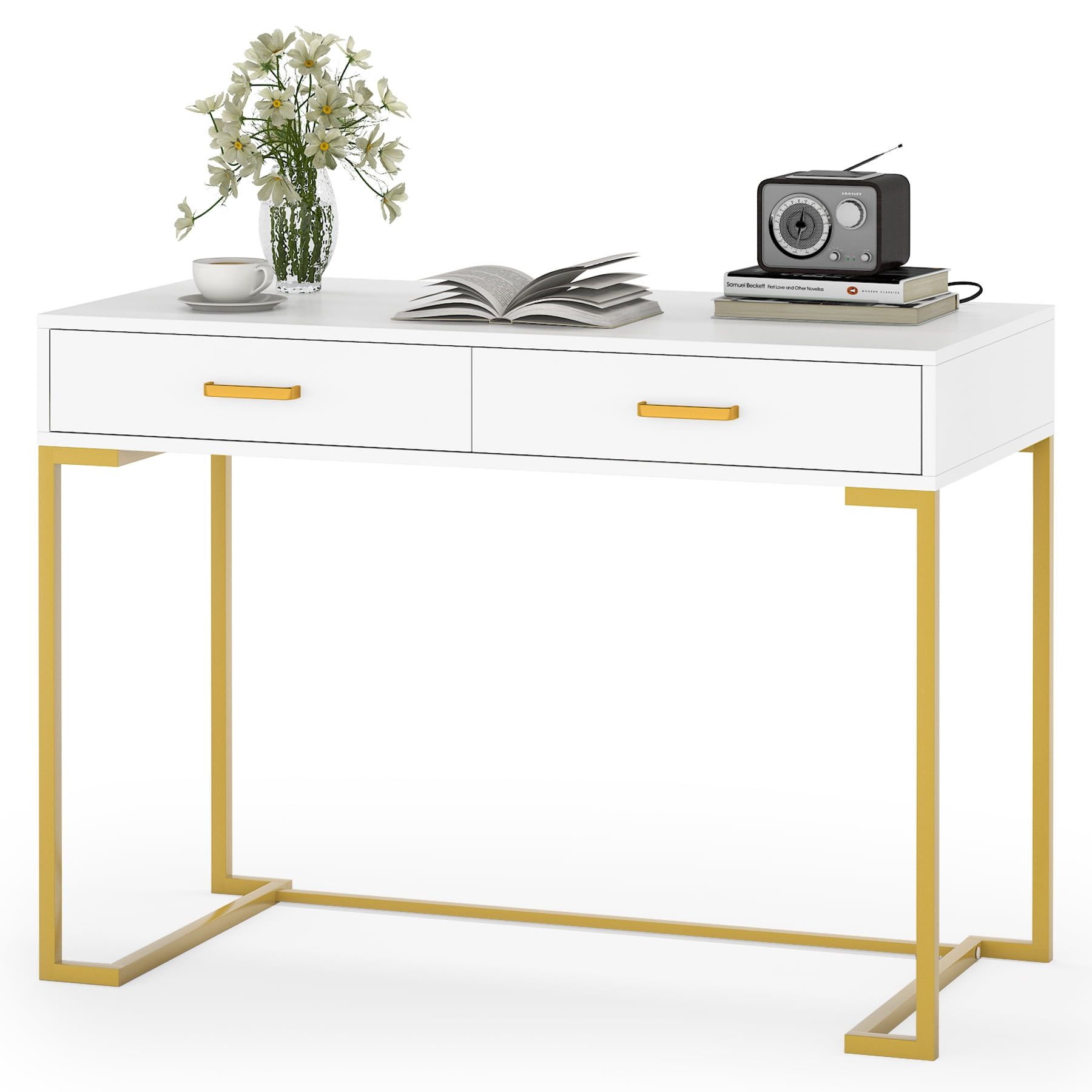 Modern White and Gold Writing Desk with Drawers