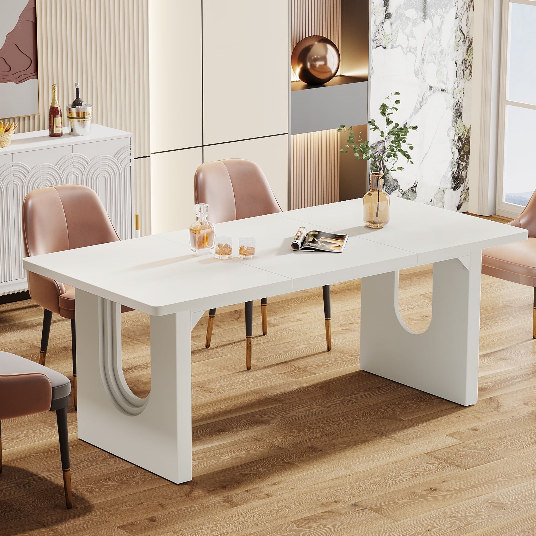 White Rectangular Wood Dining Table for 6-8 People