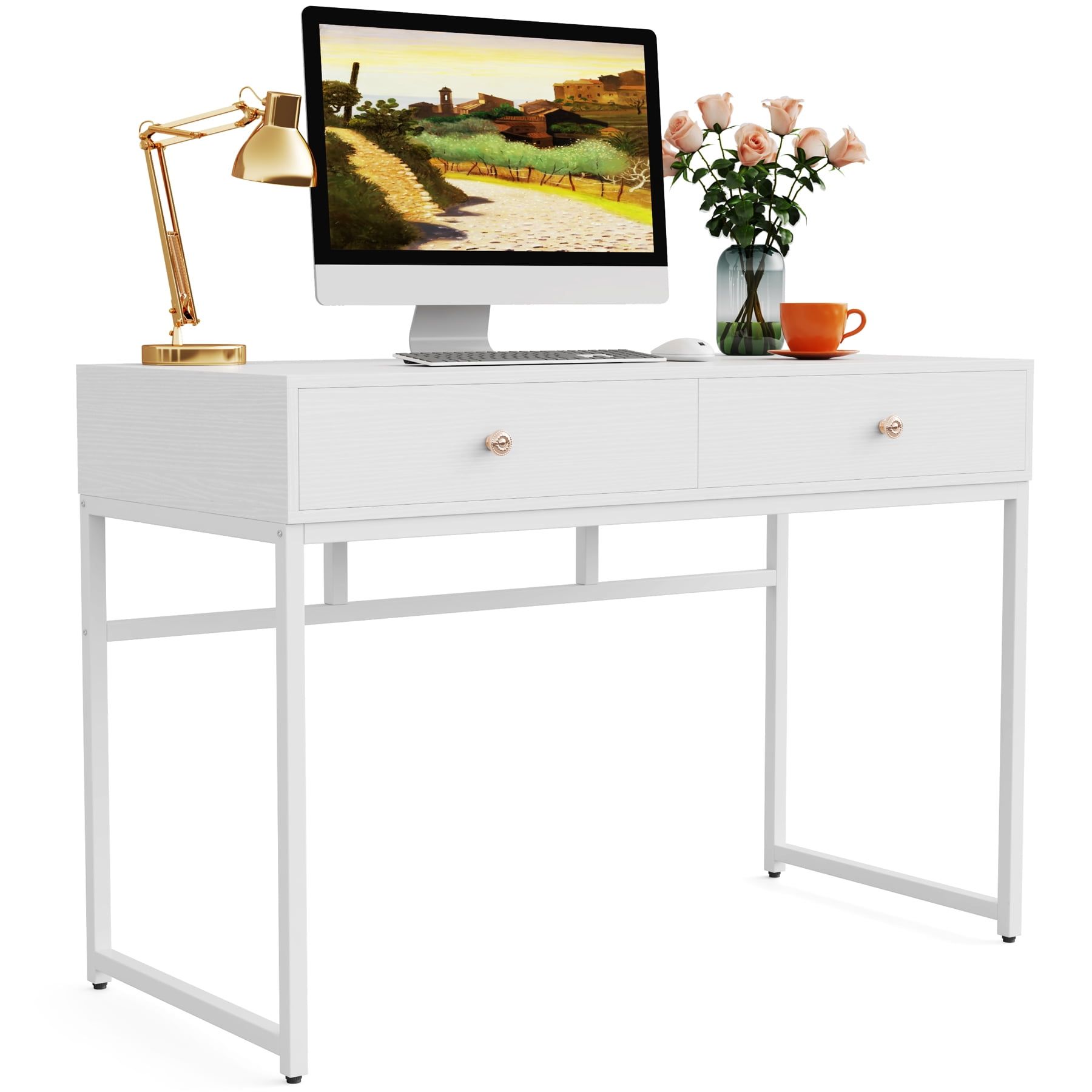 White Wood and Steel Minimalist Desk with Drawers