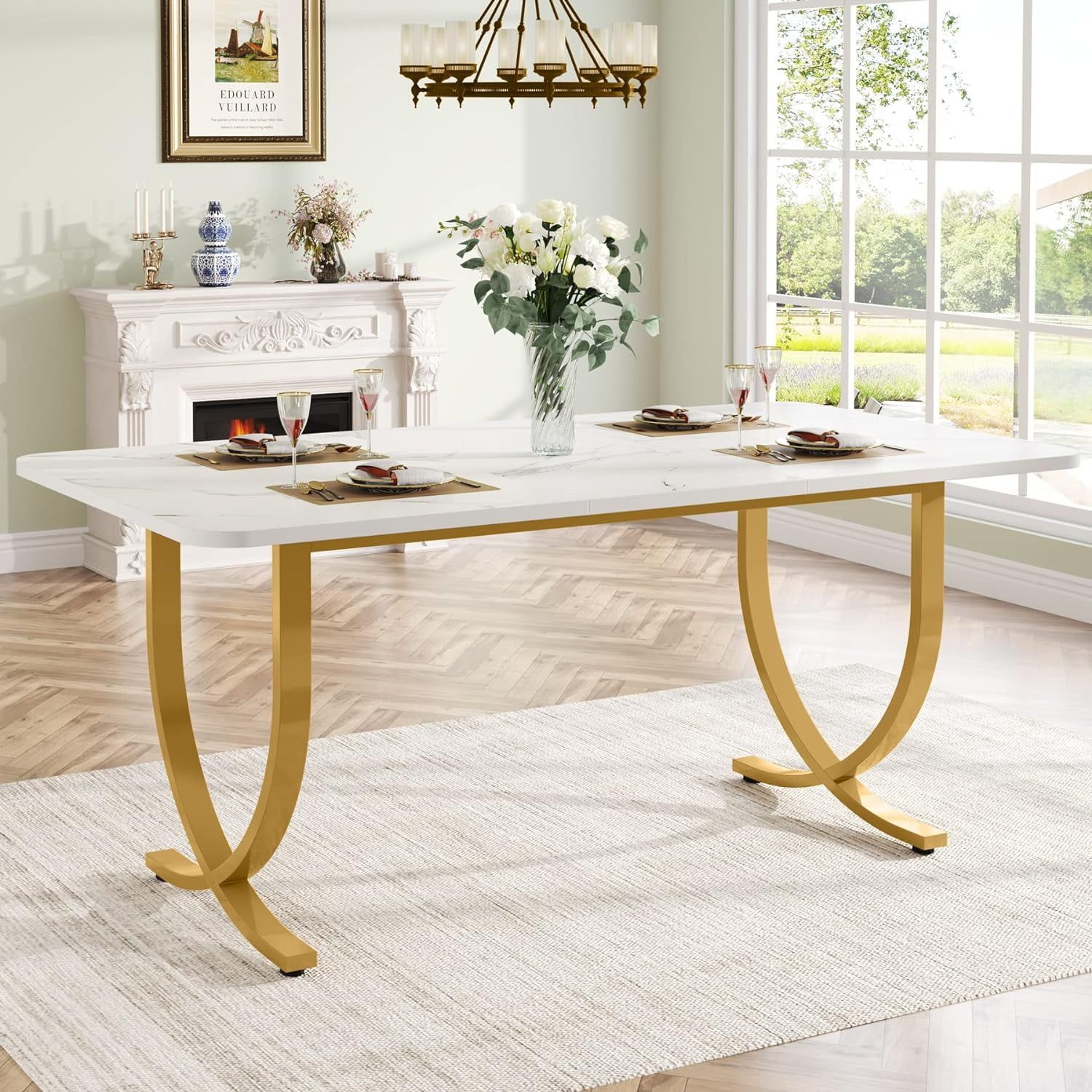 63-Inch White and Gold Faux Marble Dining Table with Metal Legs