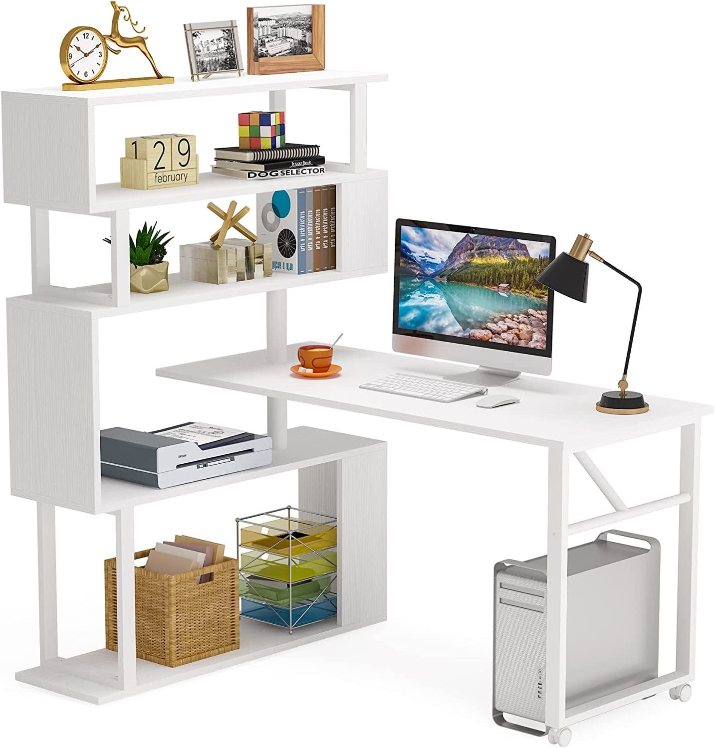 White Rotating L-Shaped Corner Writing Desk with Shelves