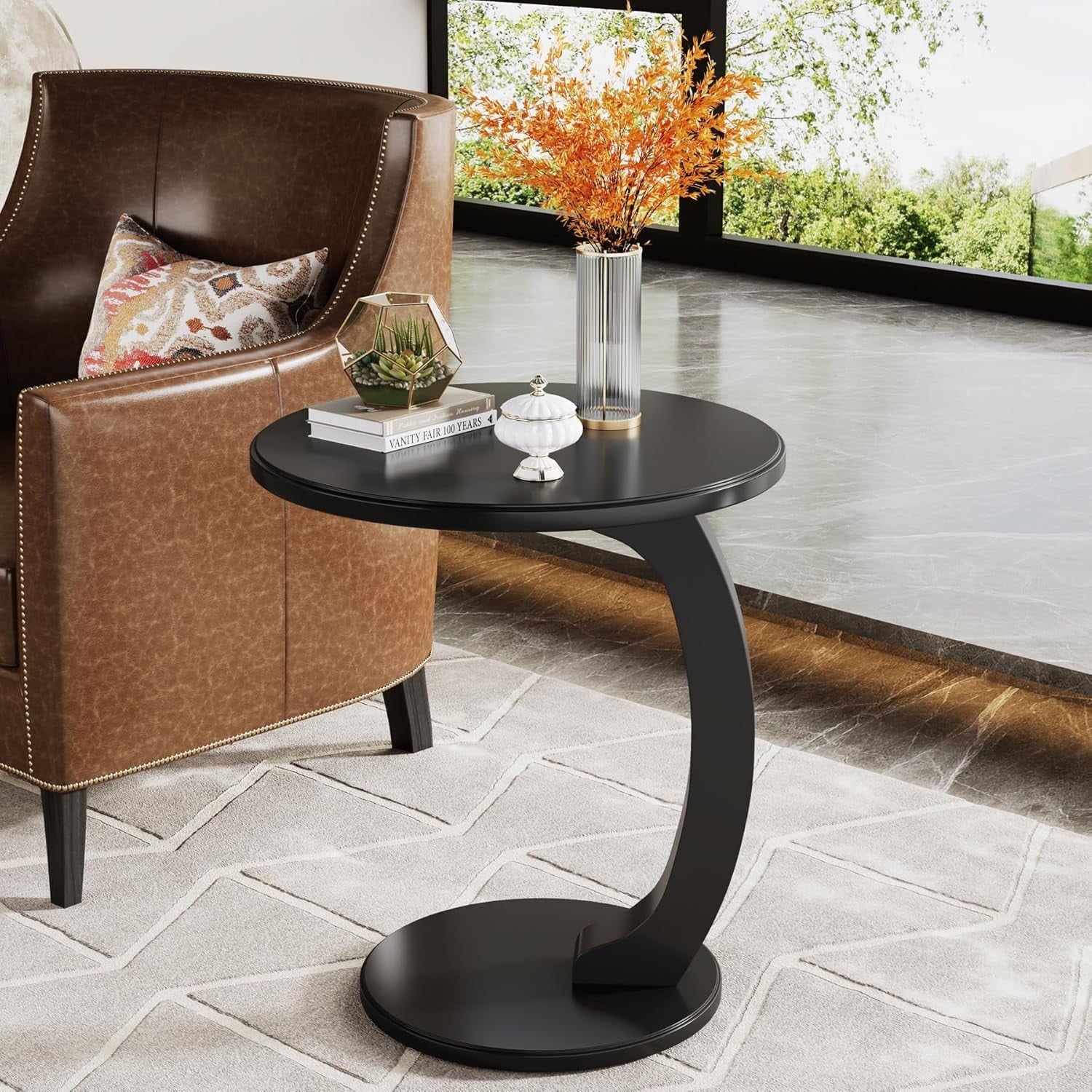 Black Solid Wood Round C-Shaped End Table