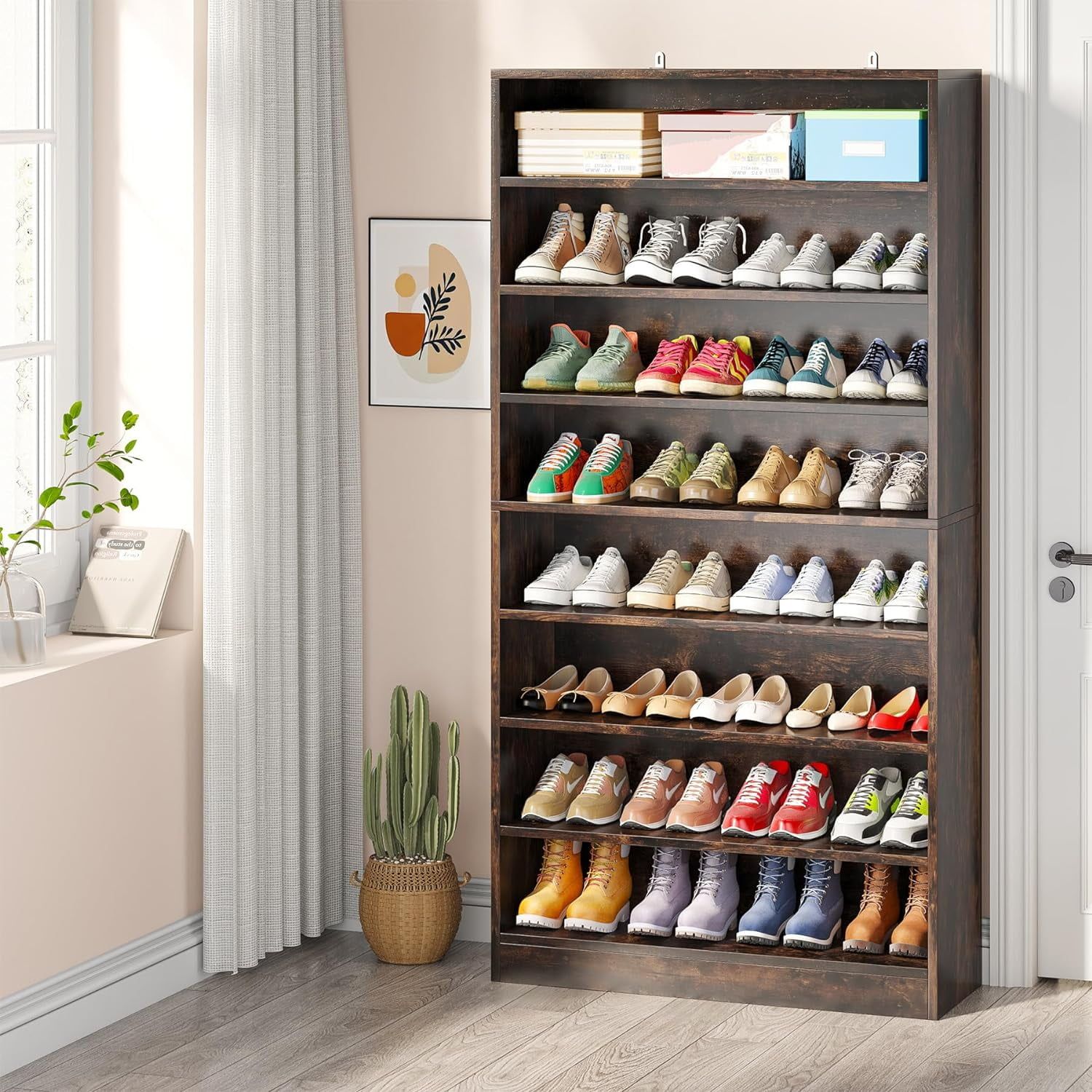 Rustic Brown 9-Tier Tall Wood Shoe Storage Cabinet