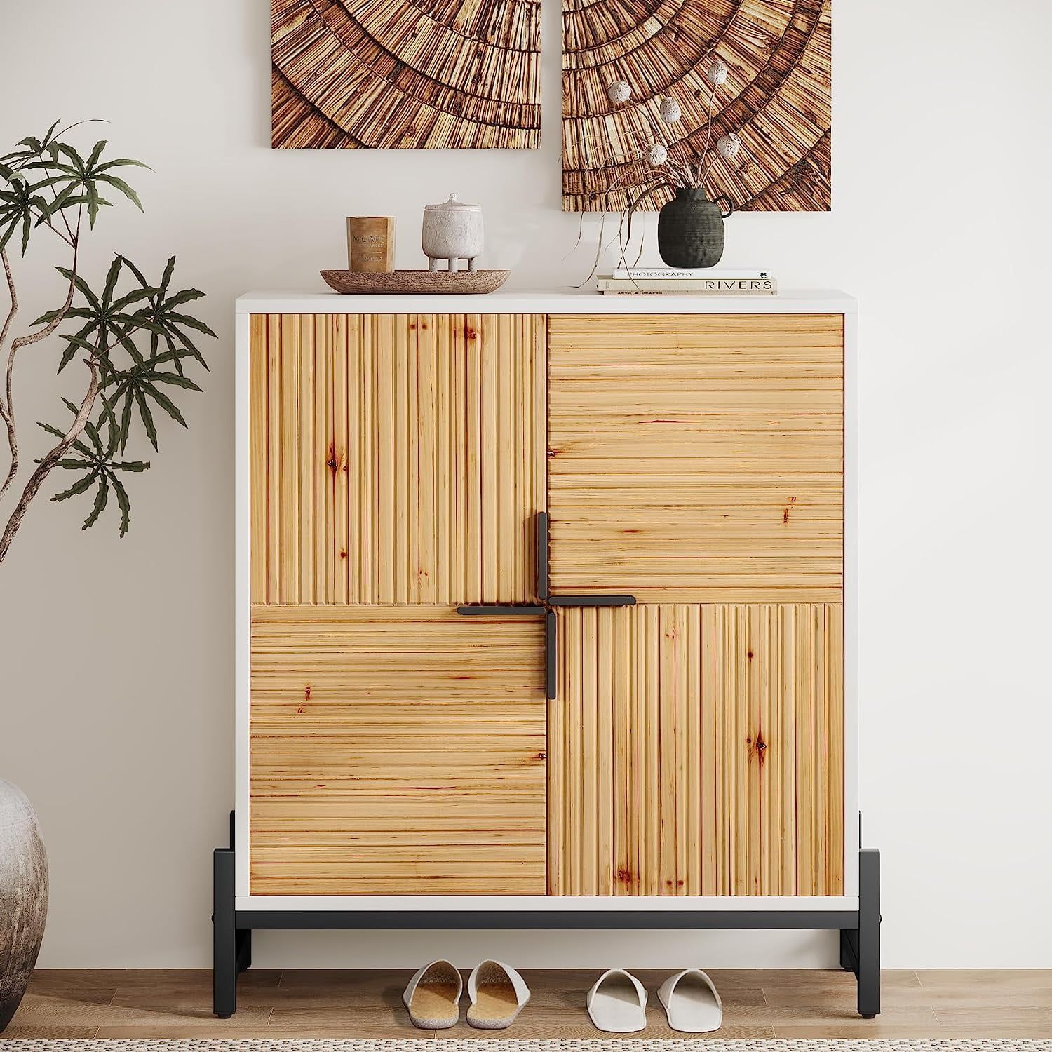 Vintage Natural Wood 5-Tier Shoe Storage Cabinet with Doors