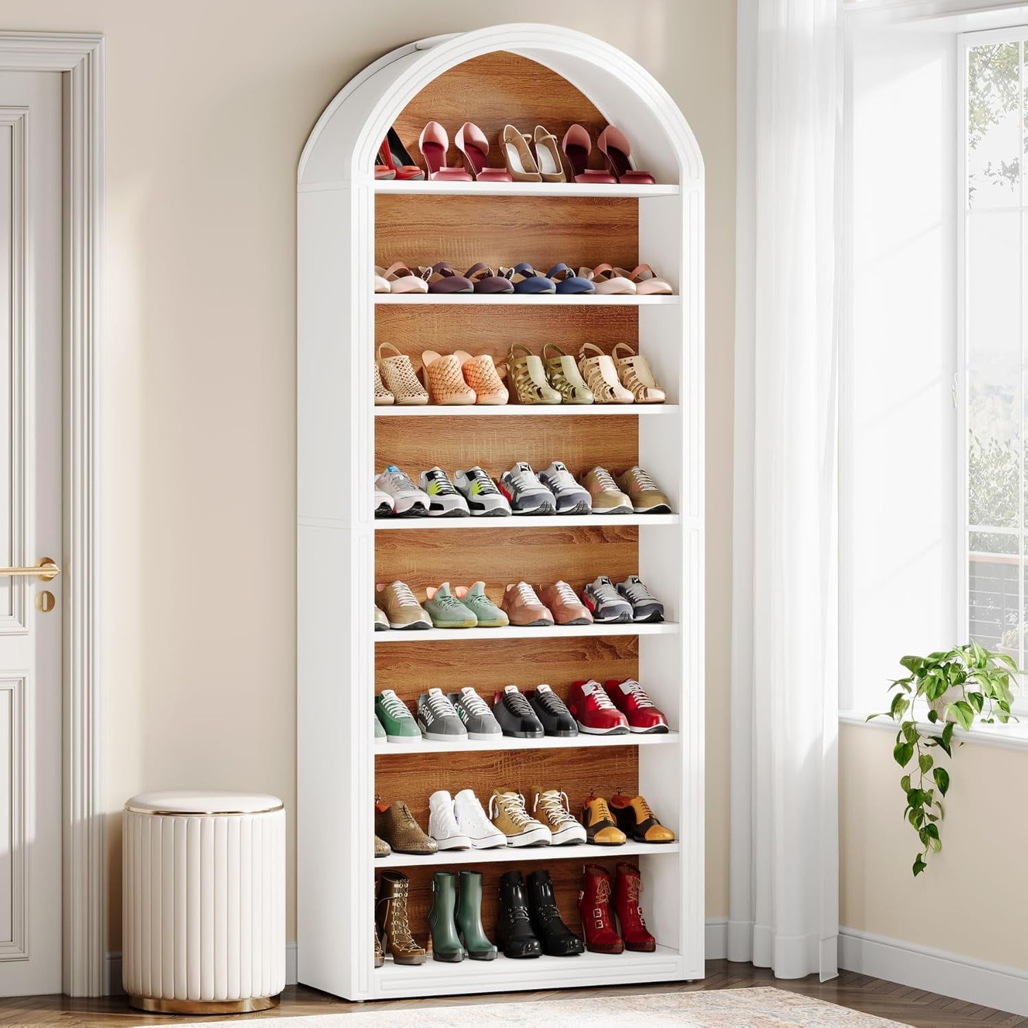 Tall White Wooden 8-Tier Shoe Storage Cabinet