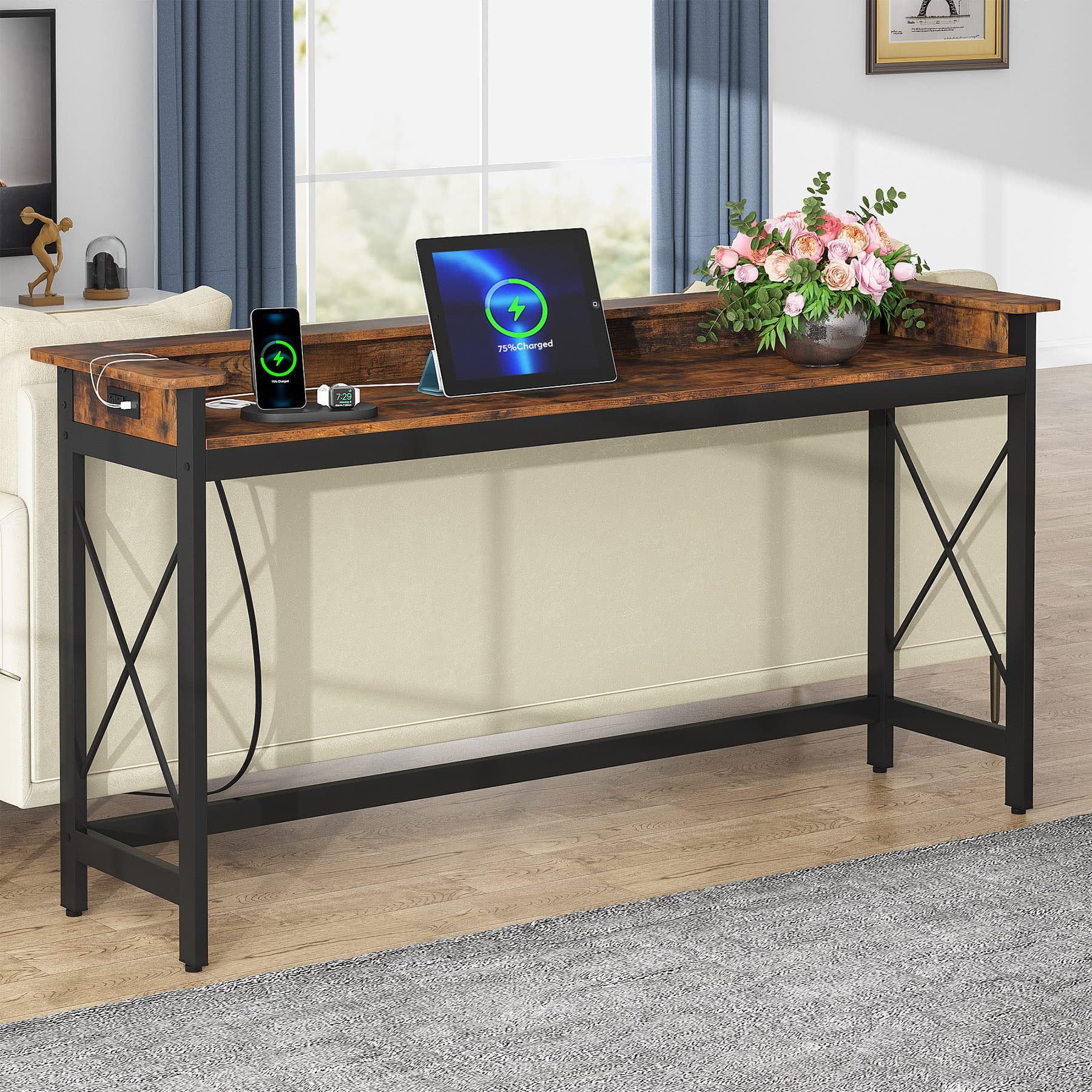 Brown Wood and Metal Console Table with Charging Ports, 70.9 inch