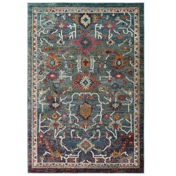 Distressed Multicolor Floral Rectangular Synthetic Area Rug