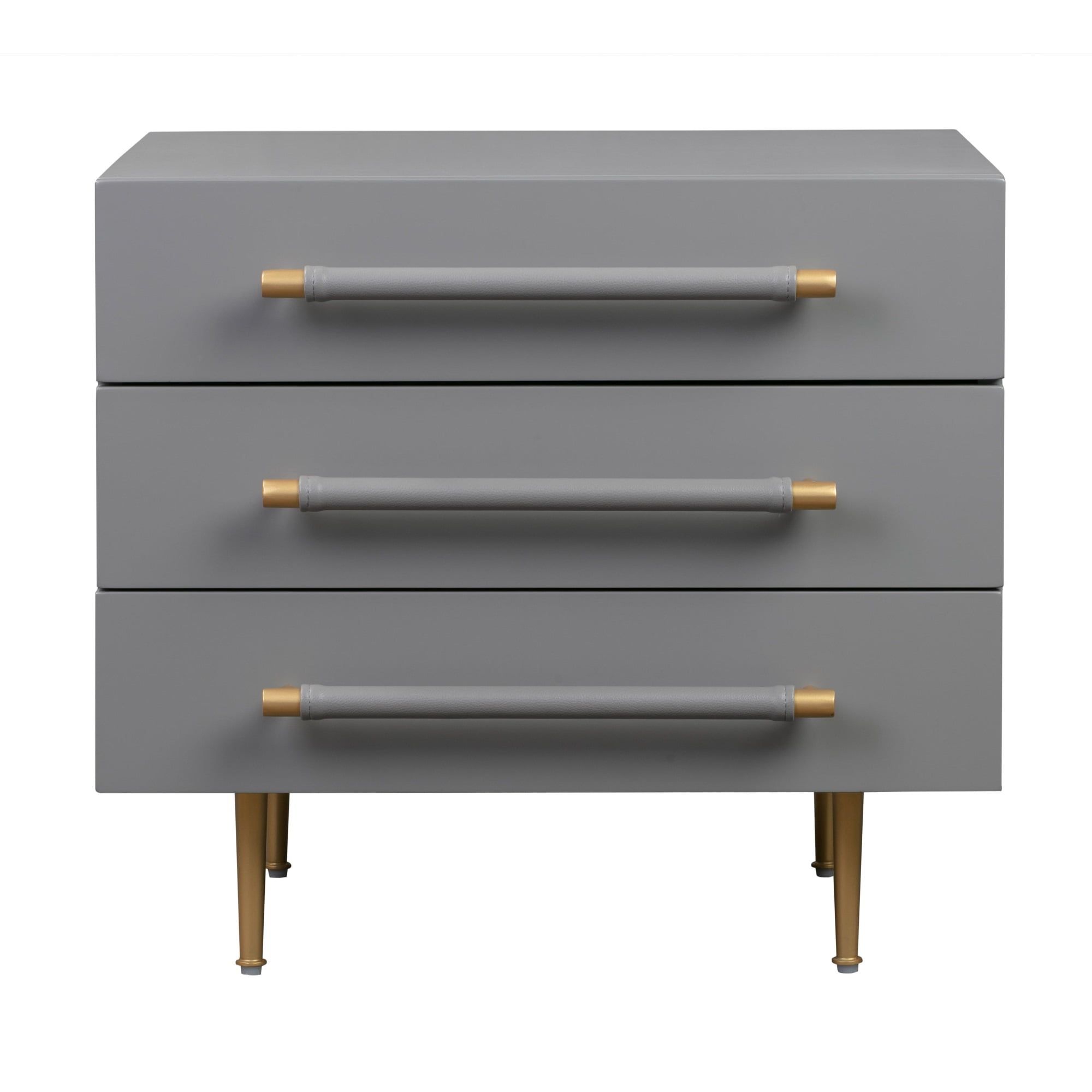 Gray 3-Drawer Nightstand with Brass Accents