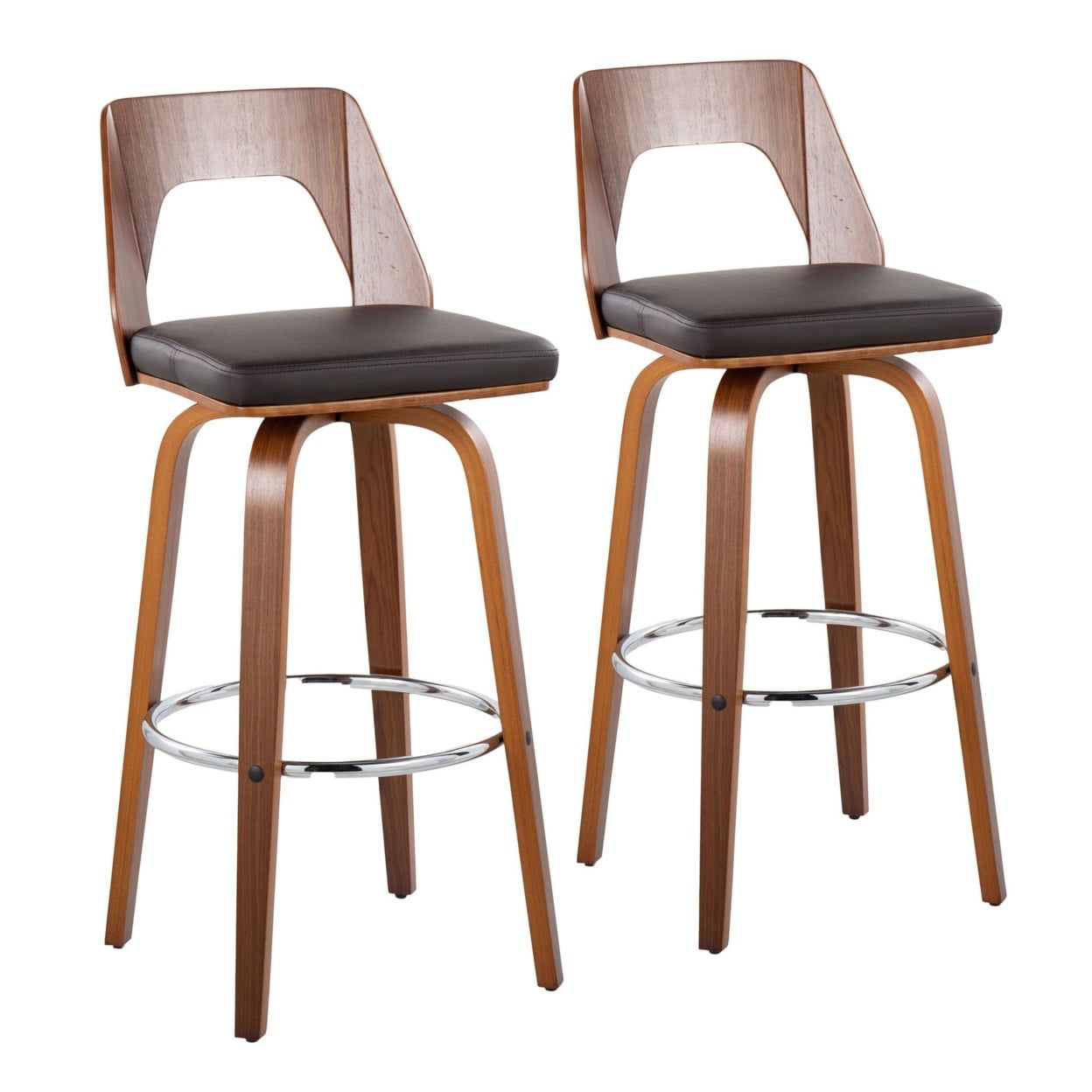 Mid-Century Modern Walnut & Brown Leather Swivel Barstool - Set of 2