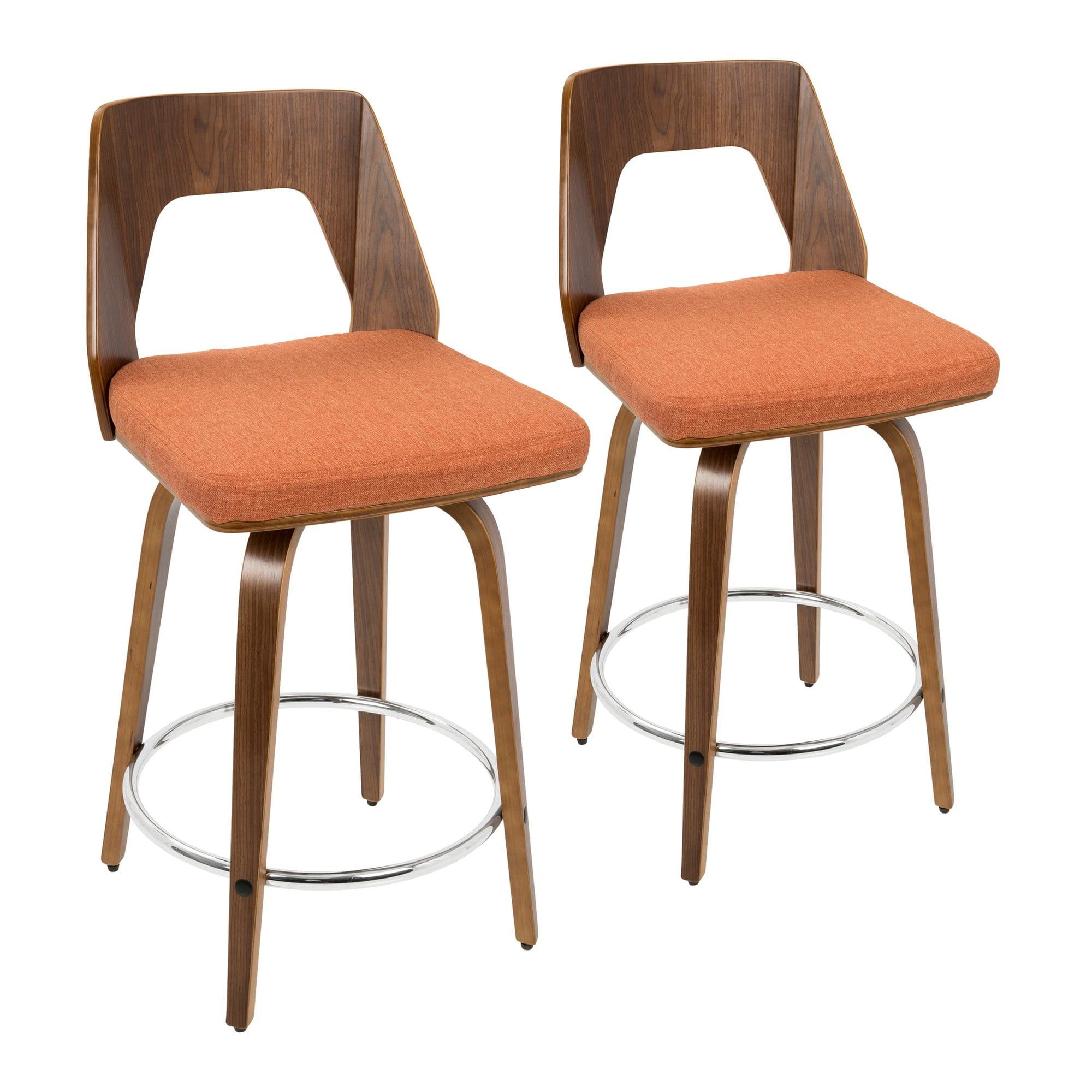 Walnut and Orange Mid-Century Modern Swivel Counter Stools