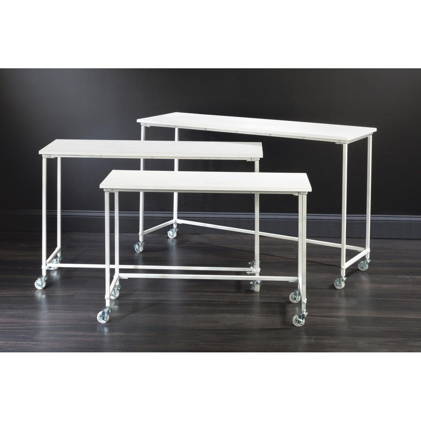 White Wood and Metal Rectangular Nesting Tables with Casters, Set of 3