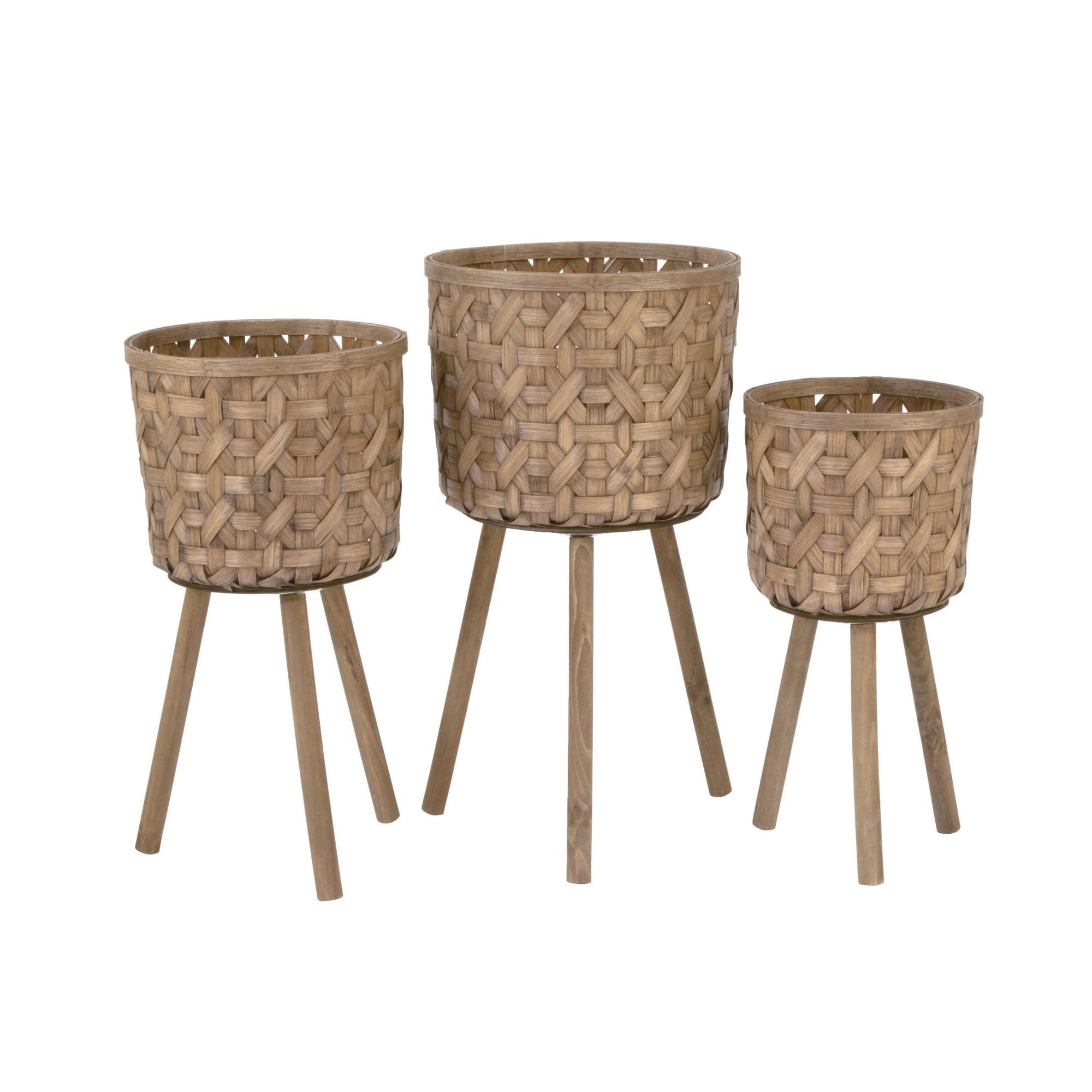 Modern Bamboo and Iron Floor Planter Set with Stand - 28" Natural