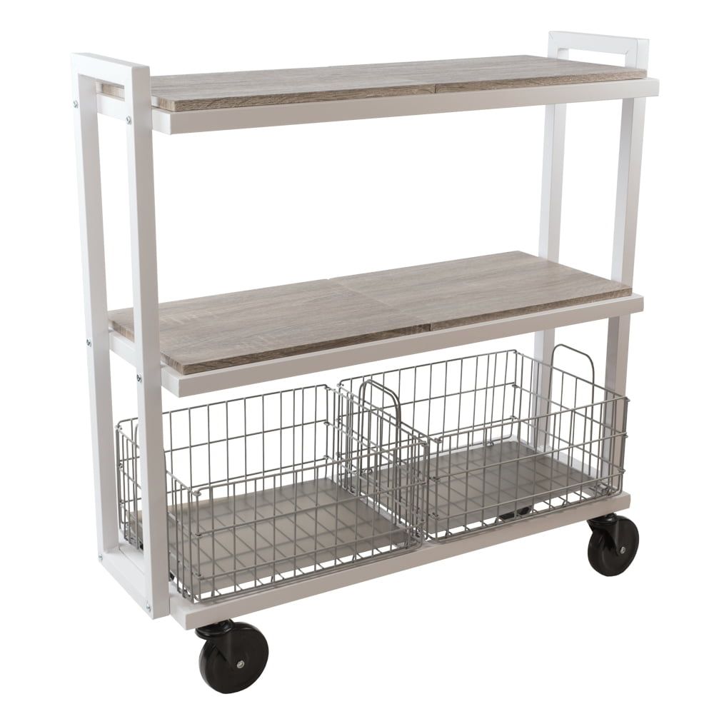 Gray and White 3-Tier Wood Grain Trolley with Metal Baskets