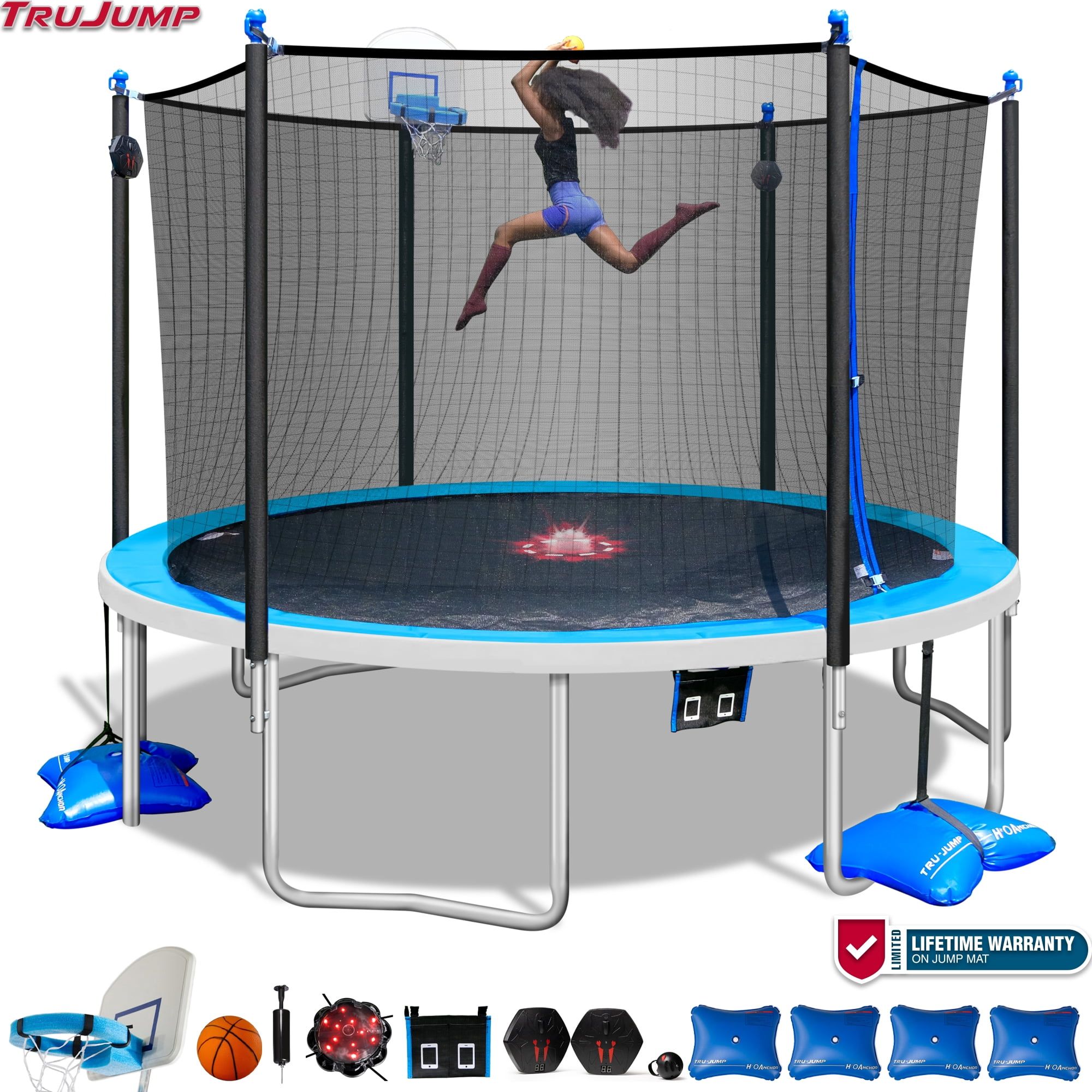 12-Foot Blue Alloy Steel Round Trampoline with Enclosure and Basketball Hoop