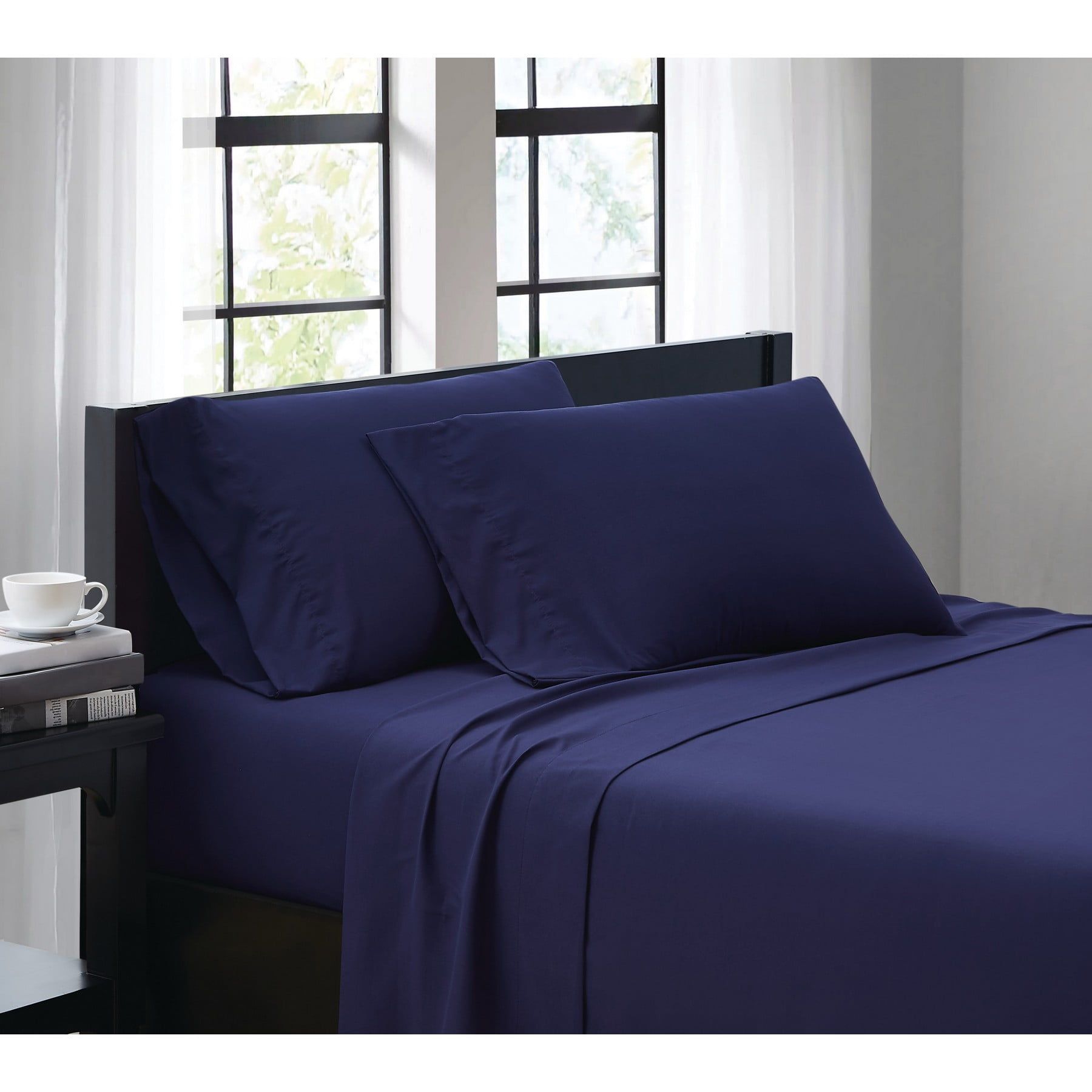 Navy Queen Solid Microfiber Polyester 4-Piece Sheet Set