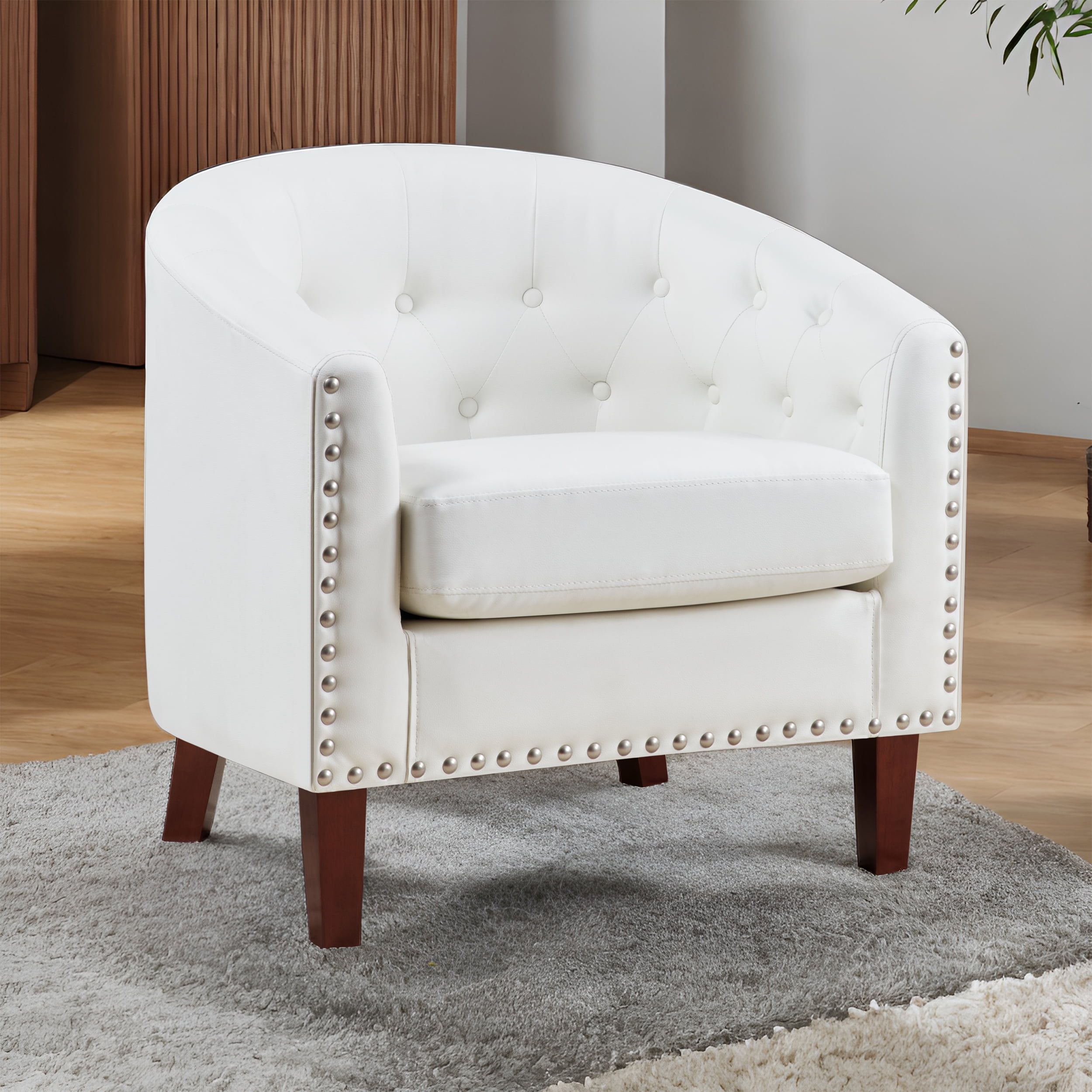 White Faux Leather Barrel Accent Chair with Nailhead Trim