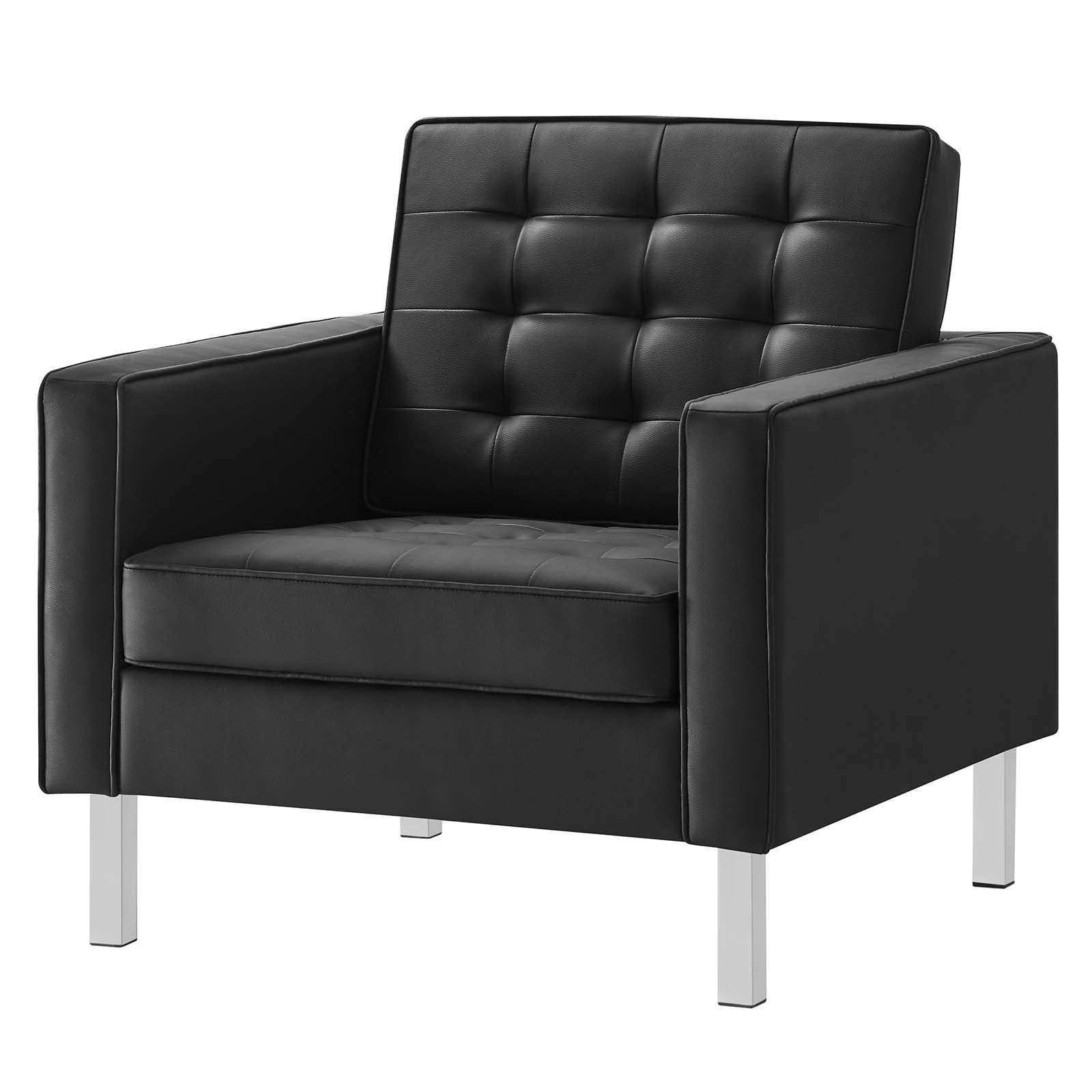 Black Faux Leather Tufted Accent Chair with Metal Legs