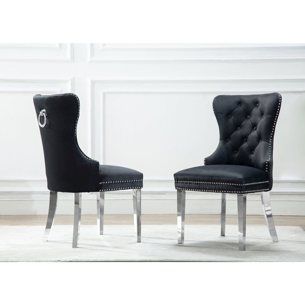 Black Velvet Tufted Parsons Side Chair with Metal Legs, Set of 2