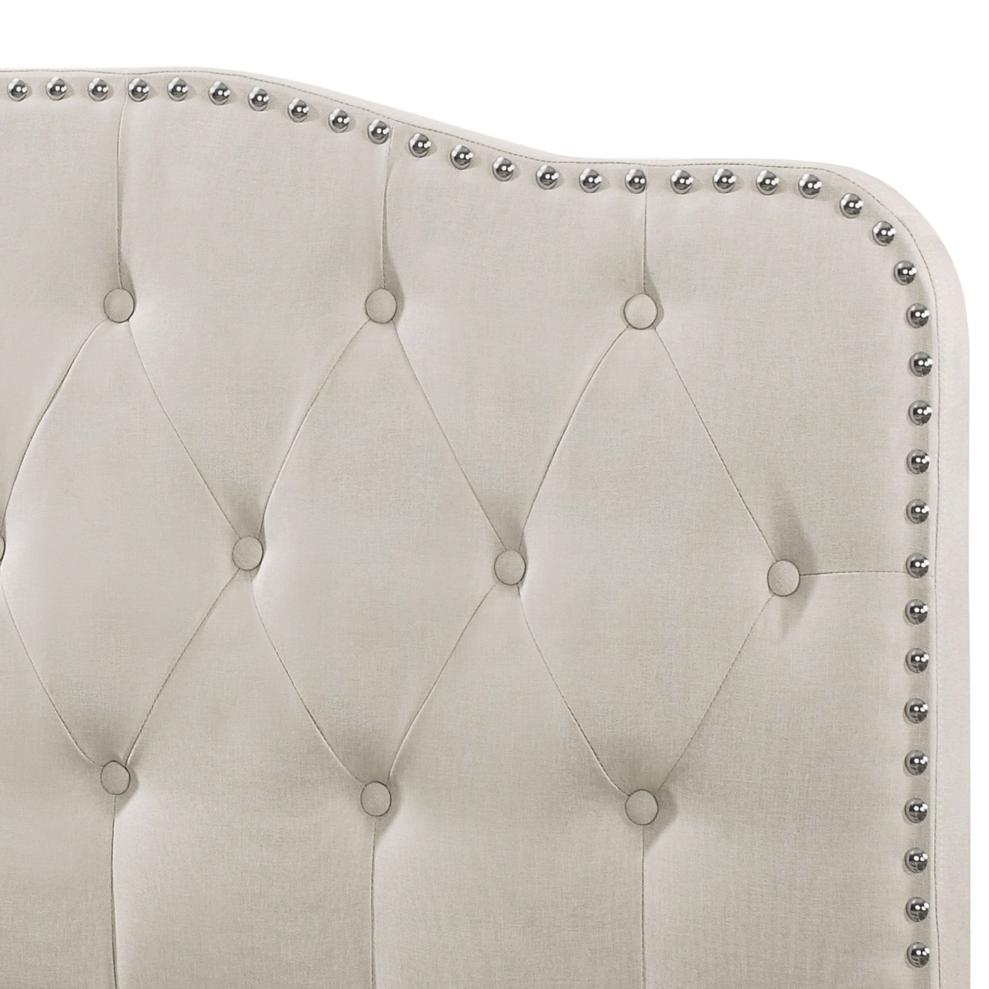 Fog Beige Linen Tufted Full Bed with Nailhead Trim