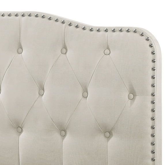 Fog Beige Linen Tufted Full Bed with Nailhead Trim