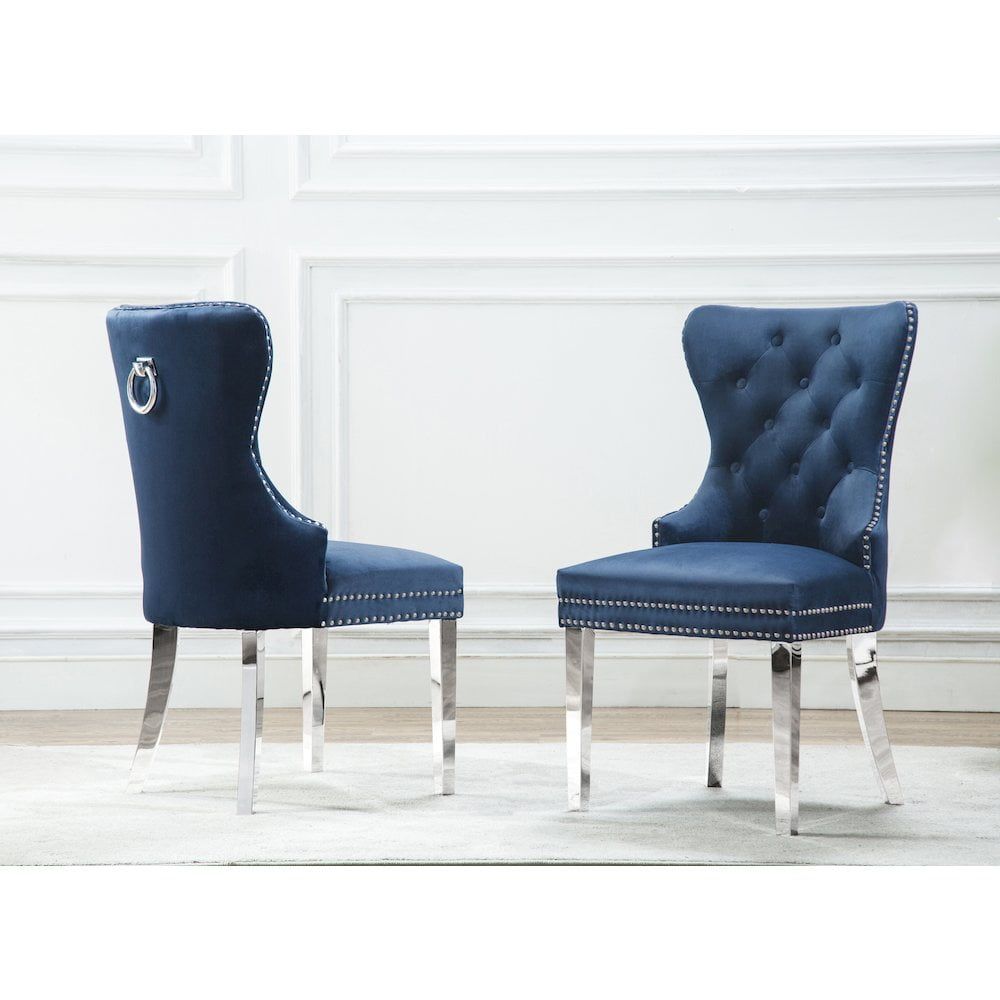 Parsons Blue Velvet Upholstered Side Chair with Metal Legs