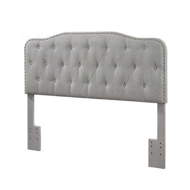 Smoke Gray Linen Full Panel Bed with Tufted Headboard and Nailhead Trim