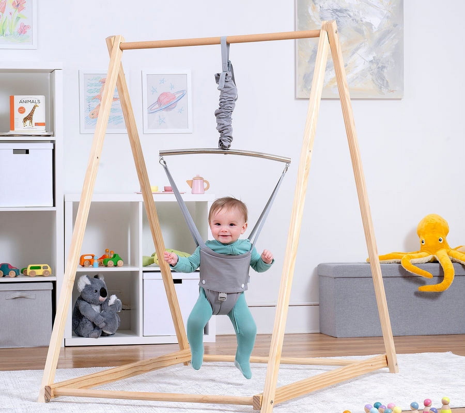 Gray Foldable Baby Bouncer with Wooden Stand