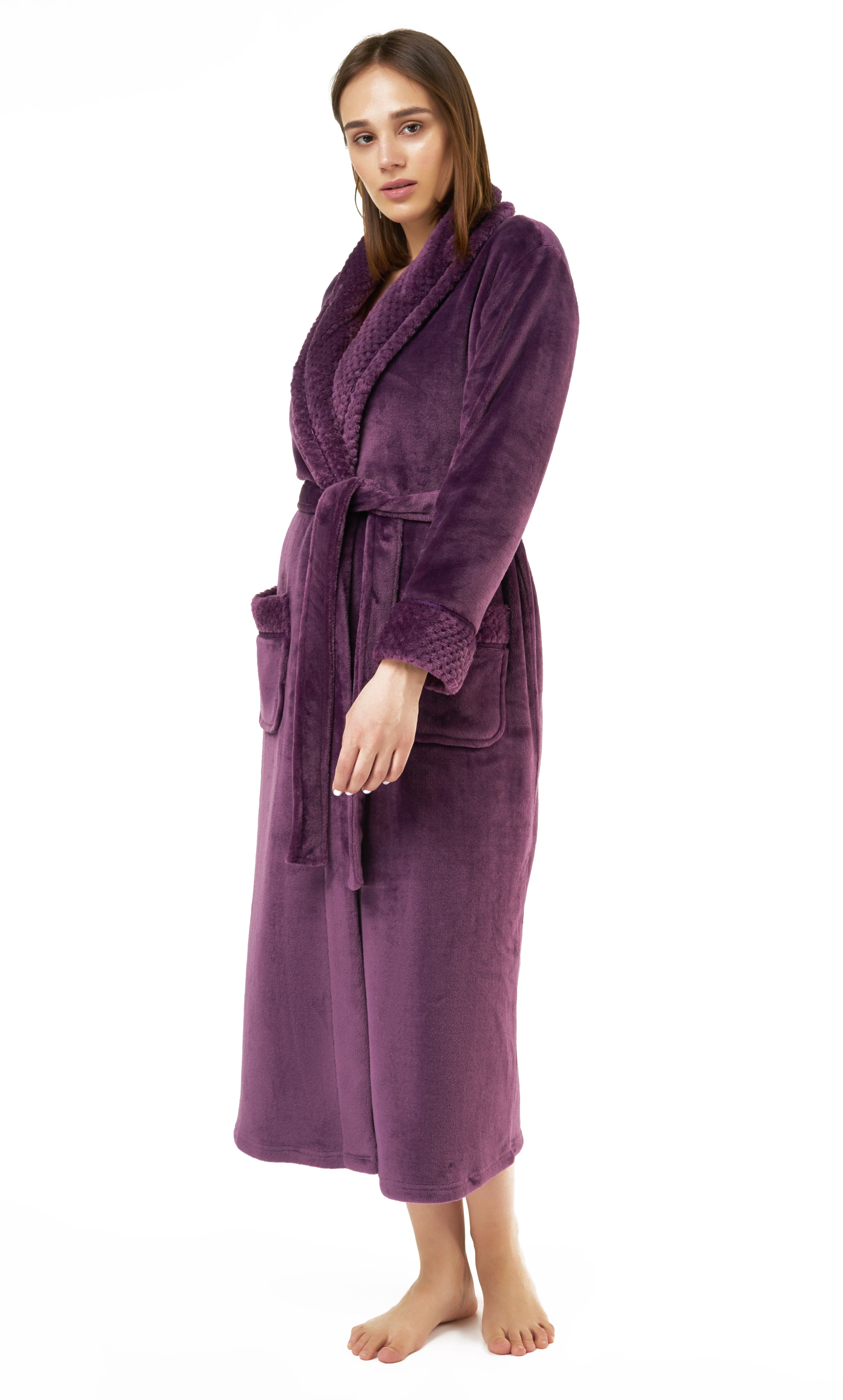 Plush Purple Fleece Long Bathrobe for Women