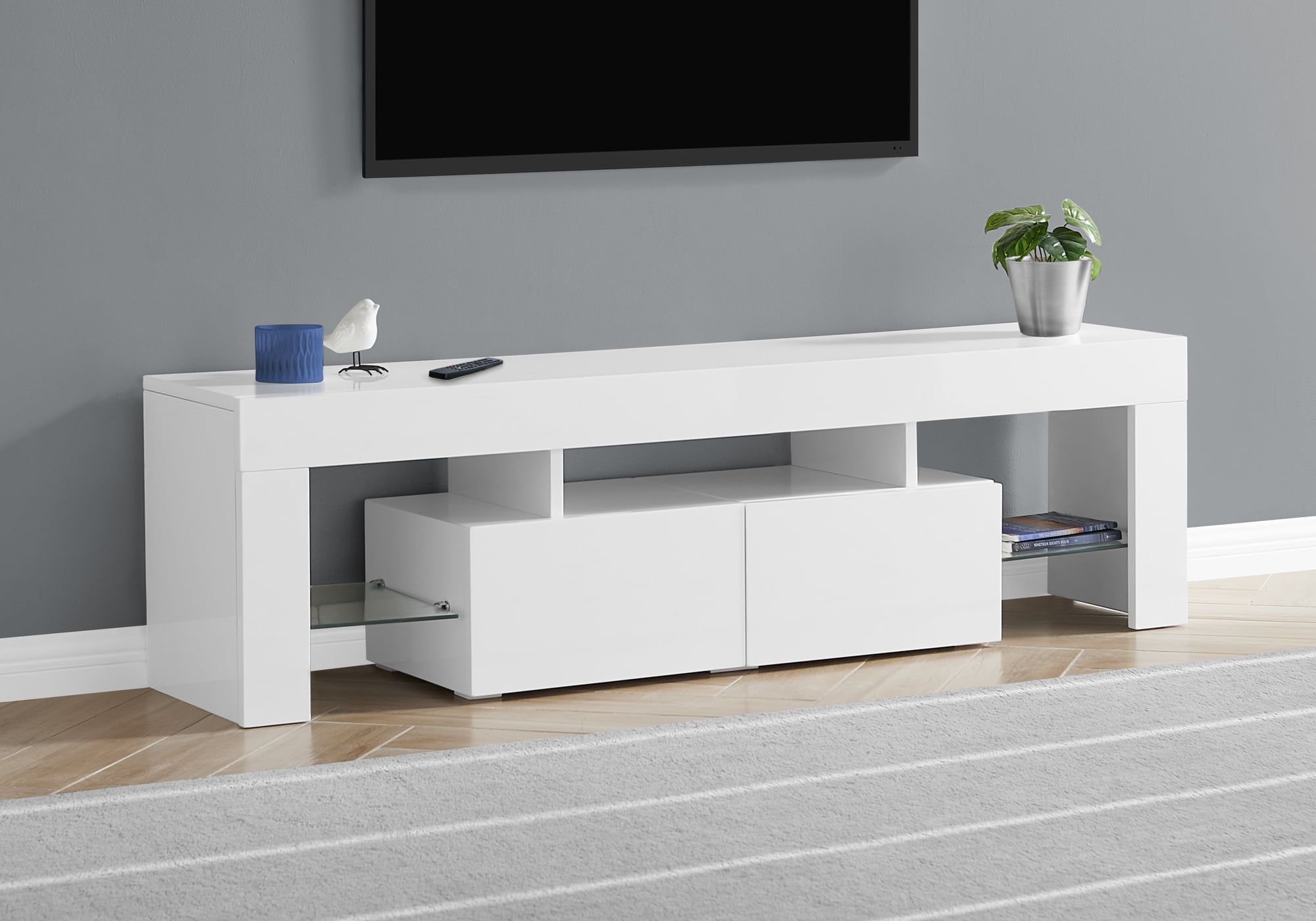 Contemporary Glossy White 63" TV Stand with Tempered Glass Shelves