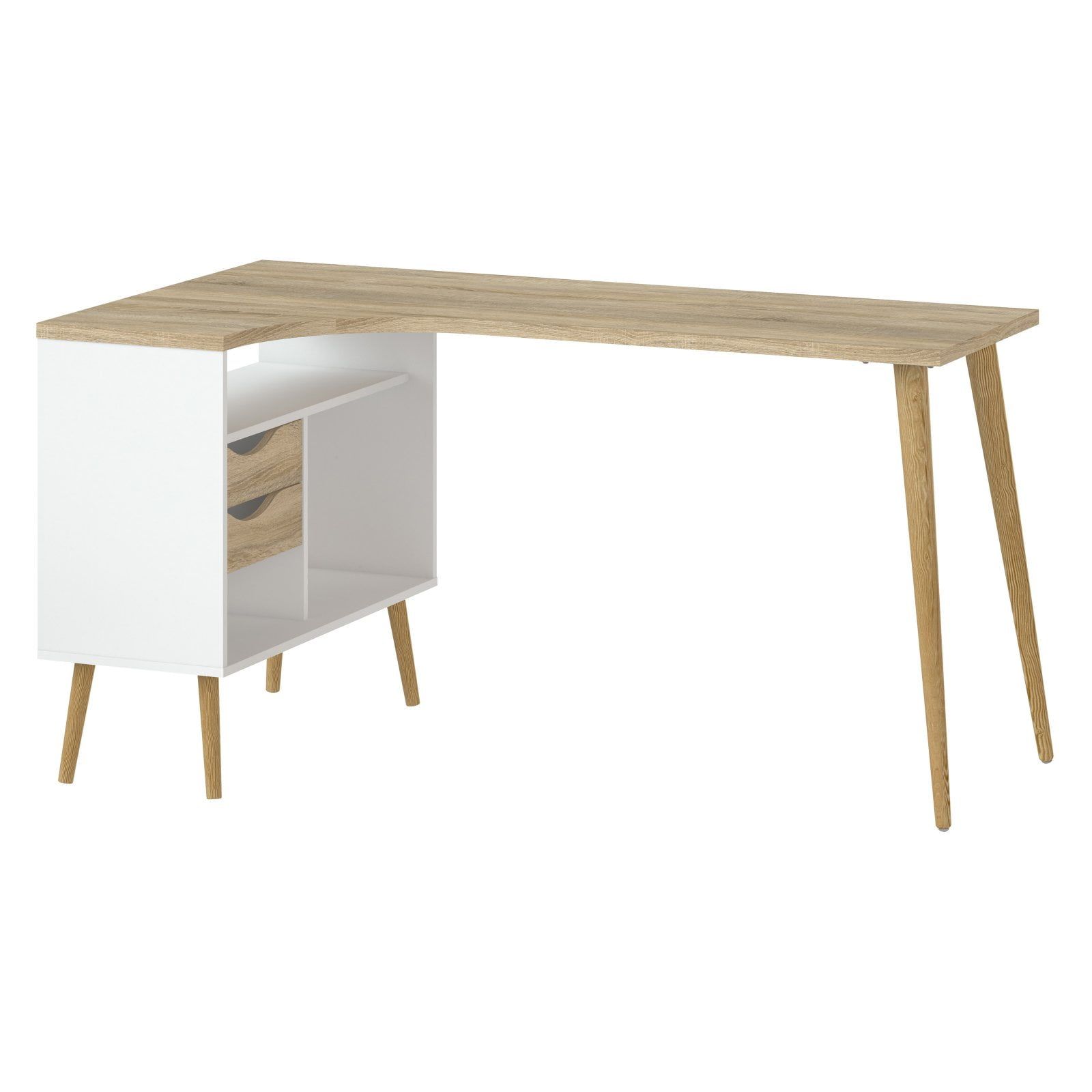 Scandinavian White/Oak L-Shaped Computer Desk with Drawers