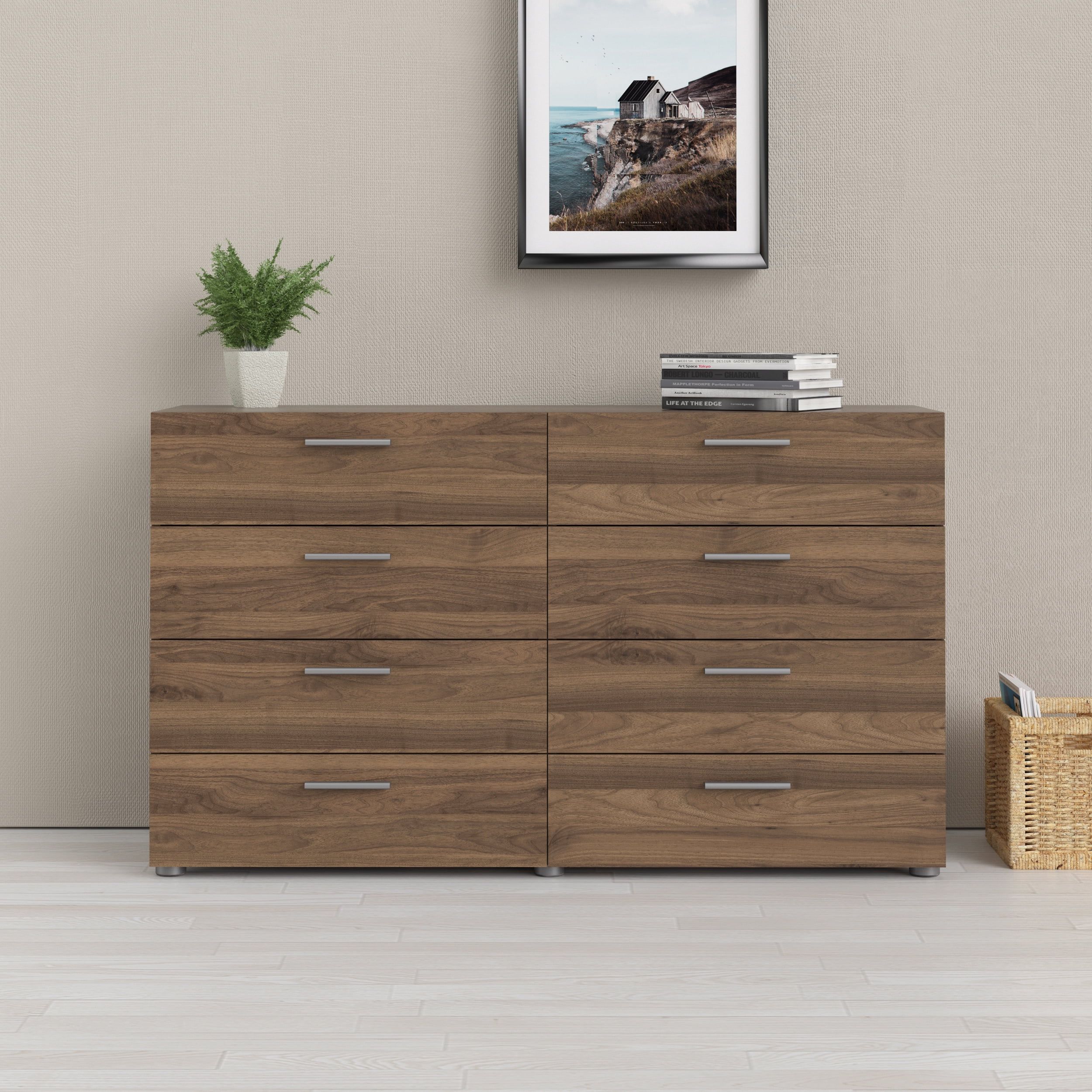 Walnut 8 Drawer Double Dresser with Metal Handles