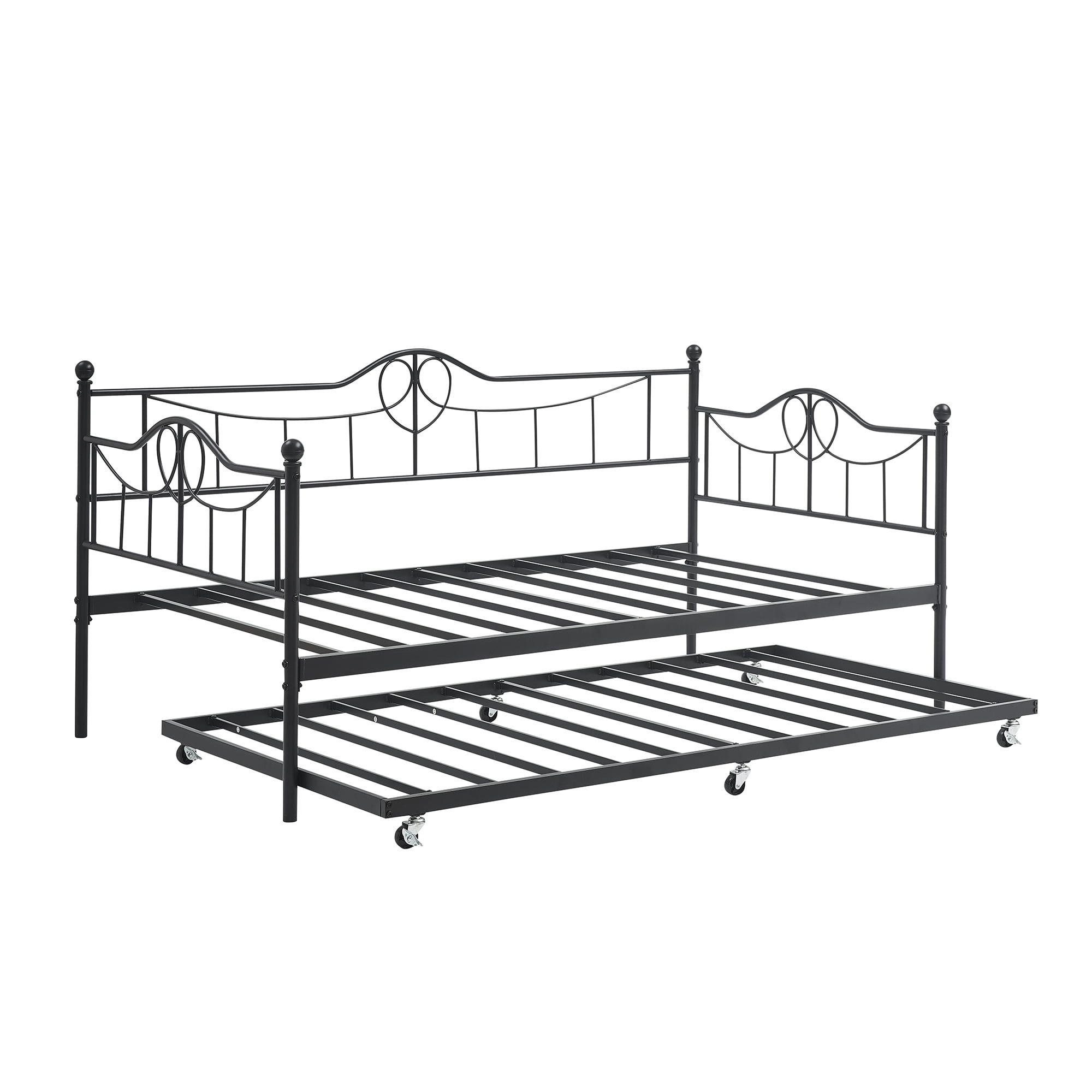 Black Twin Metal Daybed with Trundle and Heart-Shaped Headboard