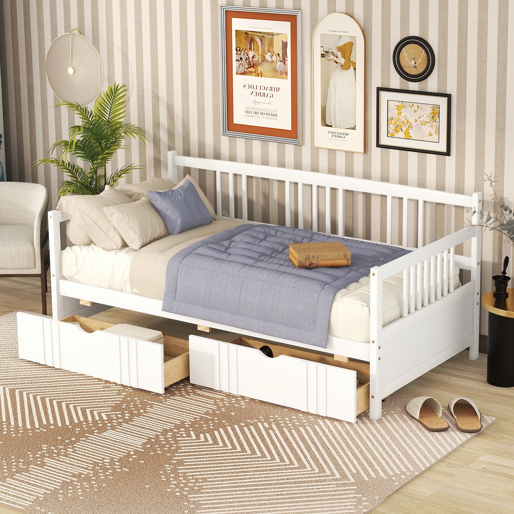 White Twin Size Pine Wood Daybed with 2 Drawers