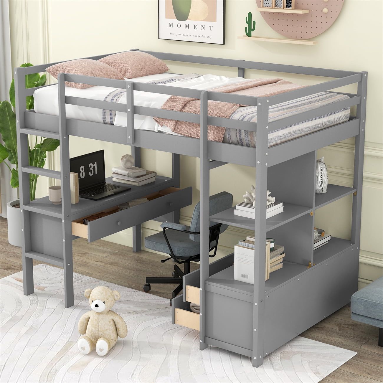 Gray Twin Size Loft Bed with Built-in Desk and Storage