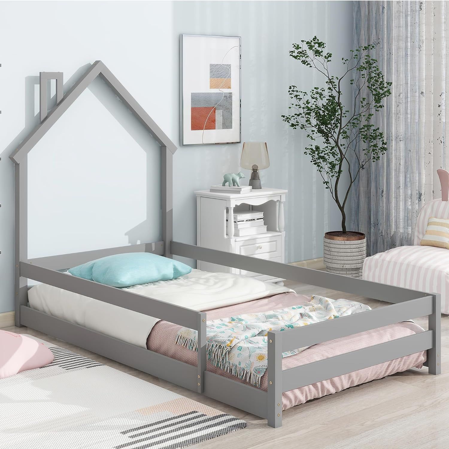 Gray Pine Wood Twin Montessori House Bed Frame with Guardrails