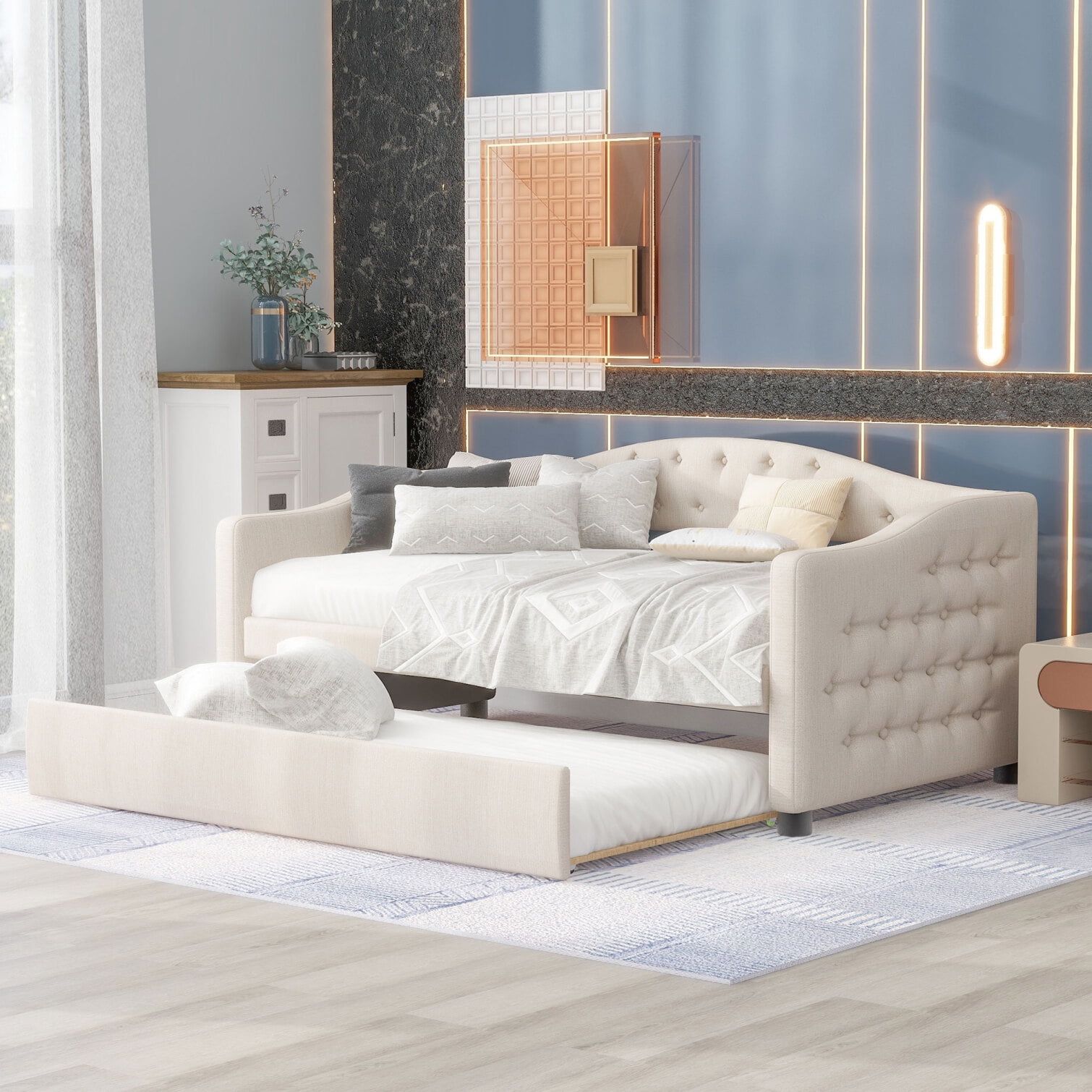 Beige Twin Upholstered Daybed with Trundle and Tufted Velvet