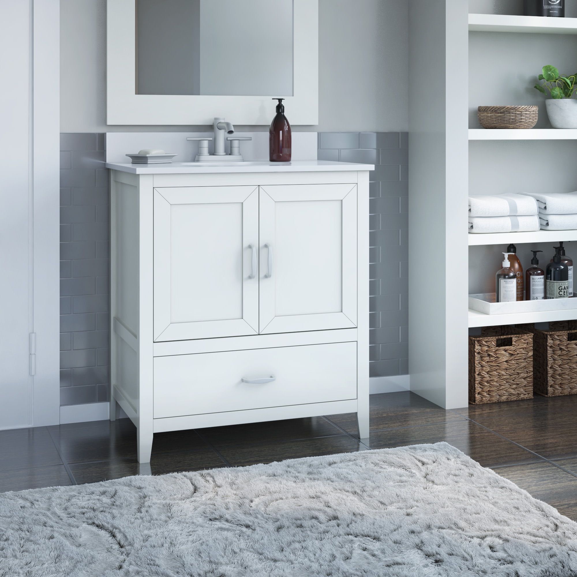 White Wood 30" Freestanding Single Bathroom Vanity with Stone Top