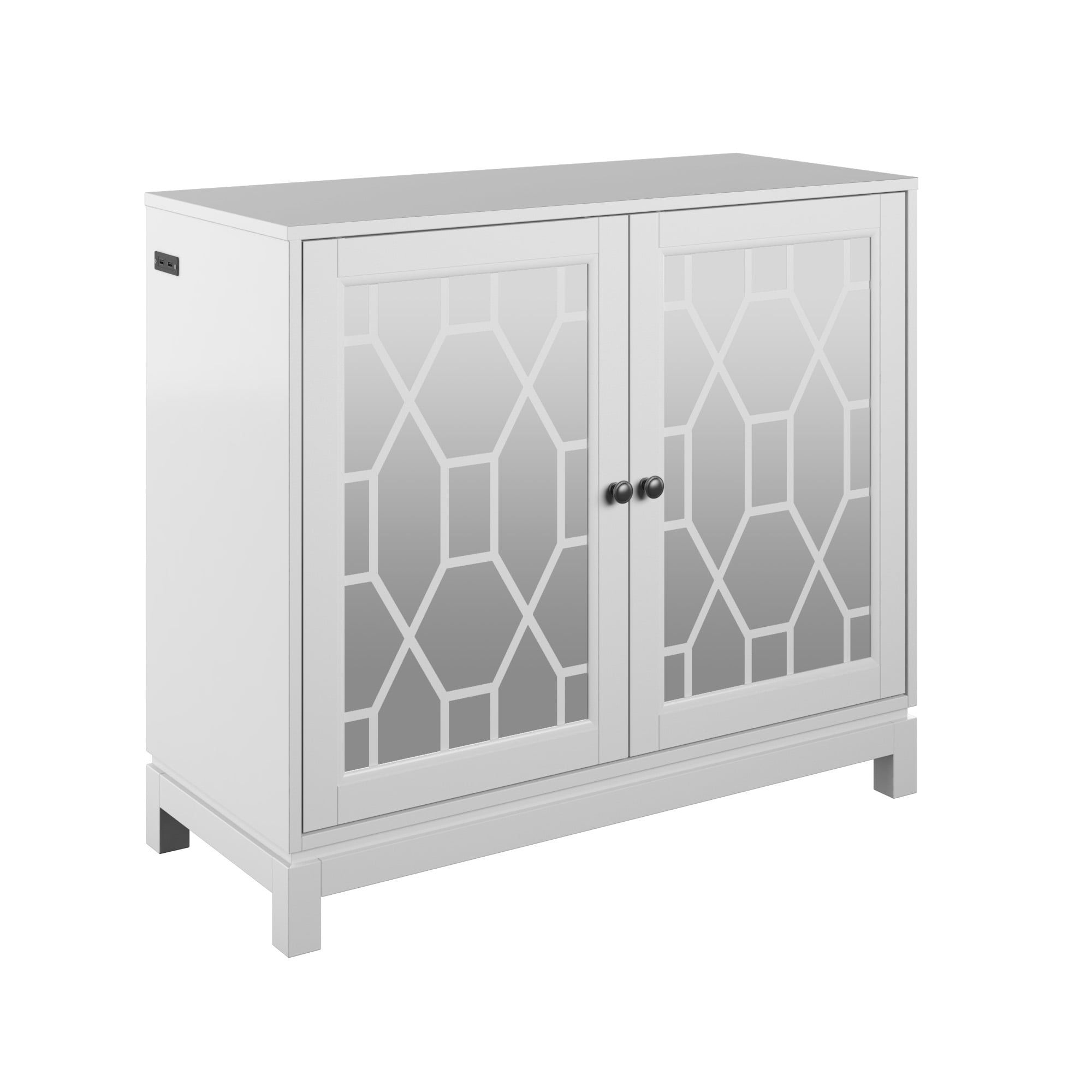 White Mirrored Accent Cabinet with Adjustable Shelving and USB Ports