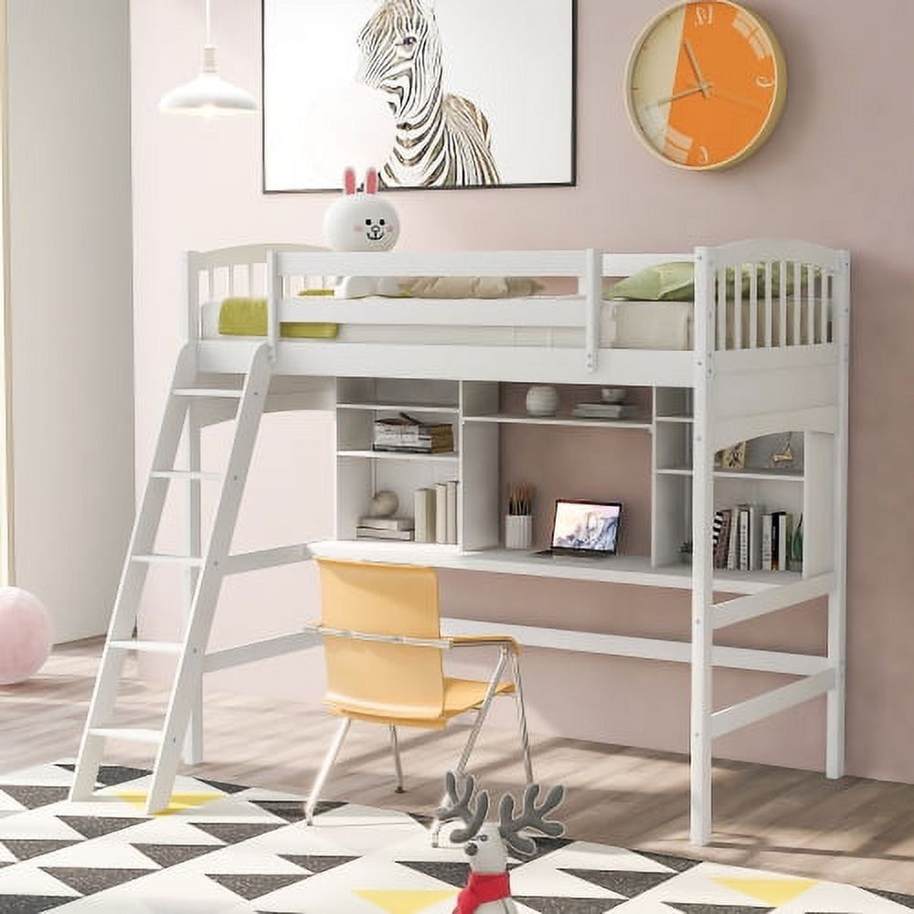 White Twin Loft Bed with Storage Shelves and Desk