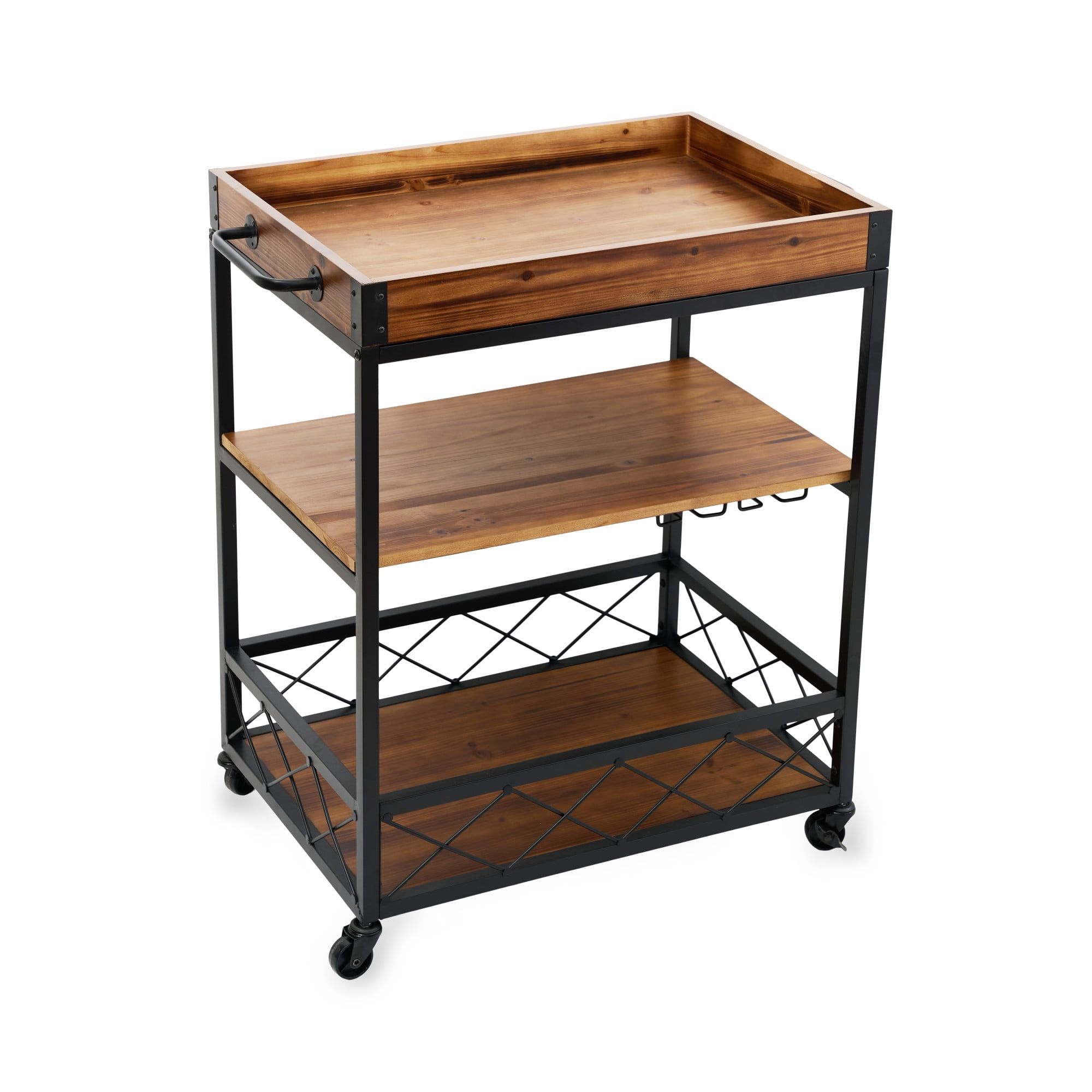 Rustic Rubberwood and Metal 3-Tier Bar Cart with Wine Rack