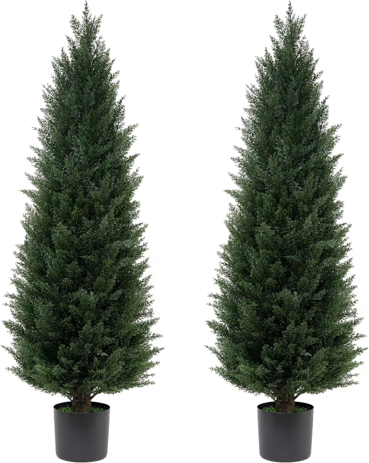 Two 4ft Green Artificial Cedar Topiary Trees in Black Pots