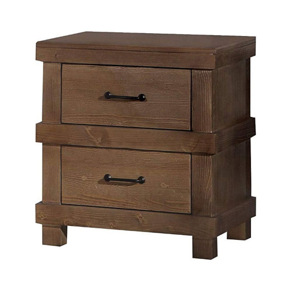 Antique Oak Two Drawer Nightstand with Metal Handles